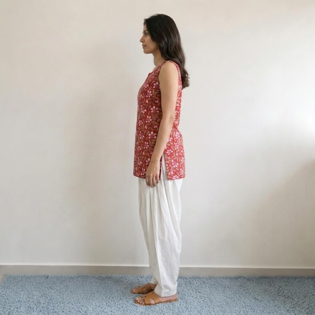 Women's Cotton Blend Short Kurti Tunic Top | Sleeveless Floral Print Ethnic Top for Women | Casual Kurti to Pair with Jeans, Trousers & Palazzos (in, Alpha) Blue - Image 3