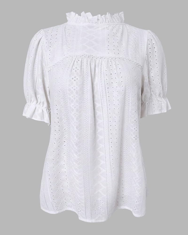 Women's Elegant Eyelet Mock Neck Puff Sleeve Blouse Casual Summer Hollow Out Embroidered Pullover Top, A-white, Medium - Image 4