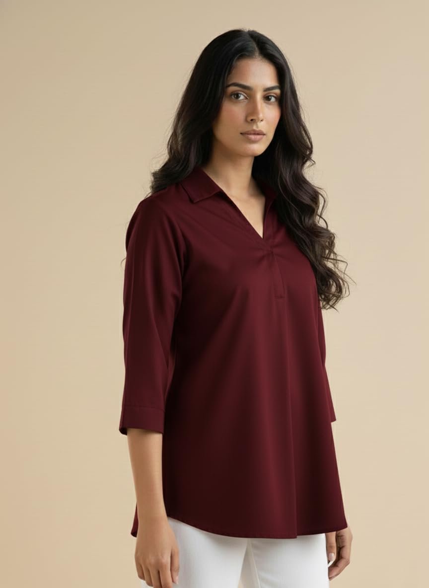 Women Solid Hemline Shirt Soft Viscose Rayon Straight Long Shirt Top Western Casual Office Formal Wear - Image 3