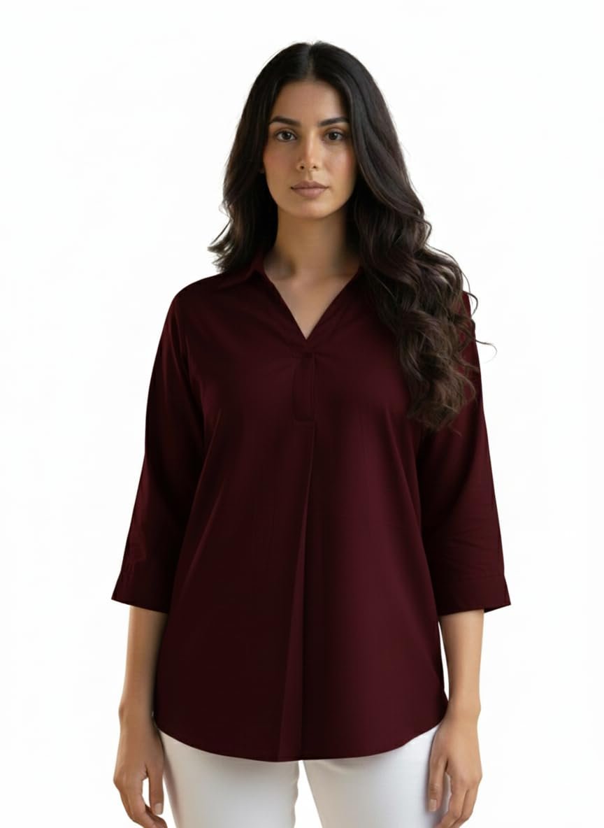 Women Solid Hemline Shirt Soft Viscose Rayon Straight Long Shirt Top Western Casual Office Formal Wear