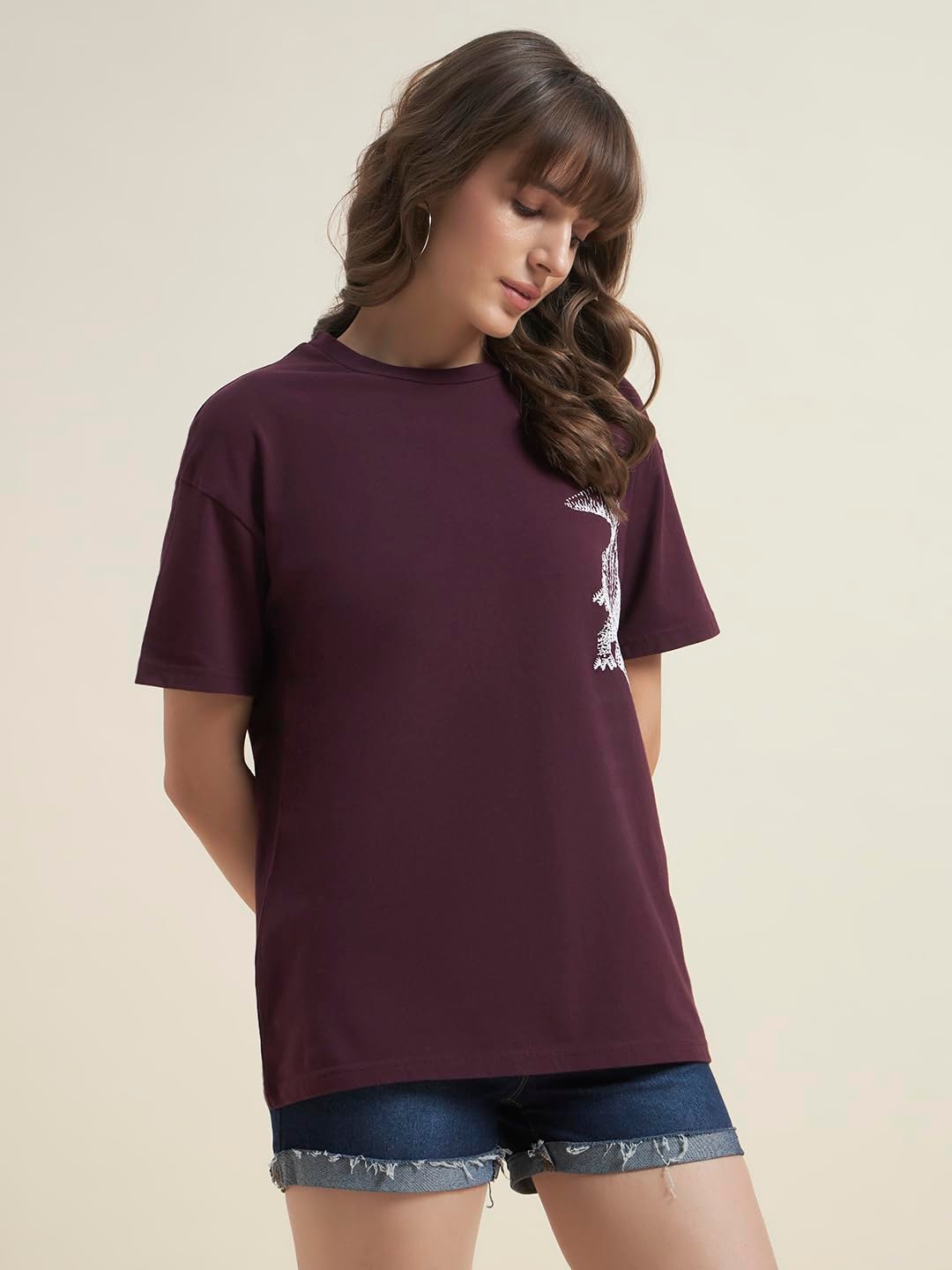BEATNIK Oversized Jersey Animal Print Round Neck Casual Women Wine T-Shirt - Image 6