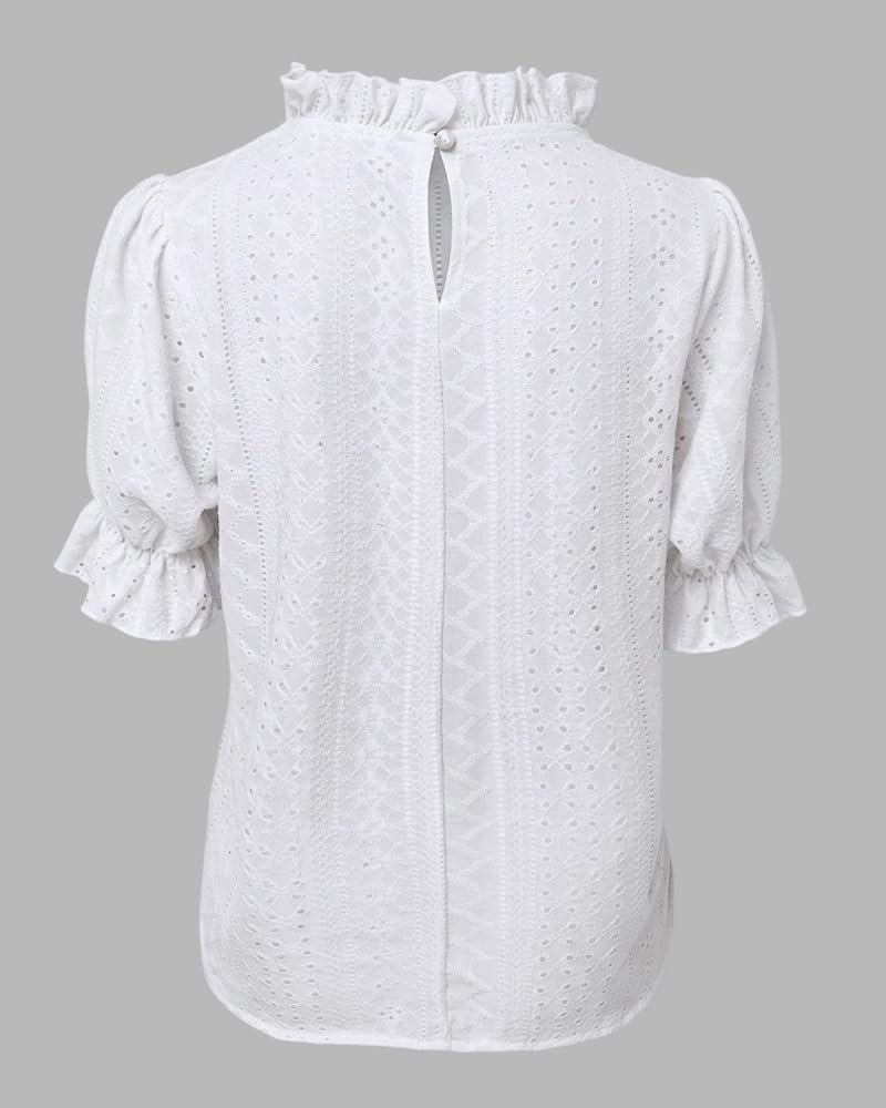 Women's Elegant Eyelet Mock Neck Puff Sleeve Blouse Casual Summer Hollow Out Embroidered Pullover Top, A-white, Medium - Image 5