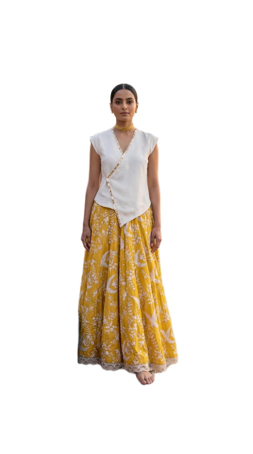Alia Women's Flowy MUL Chanderi Asymmetrical Top with Double Lining & Hand Embroidered Sequin Work, Sun Yellow, Size S