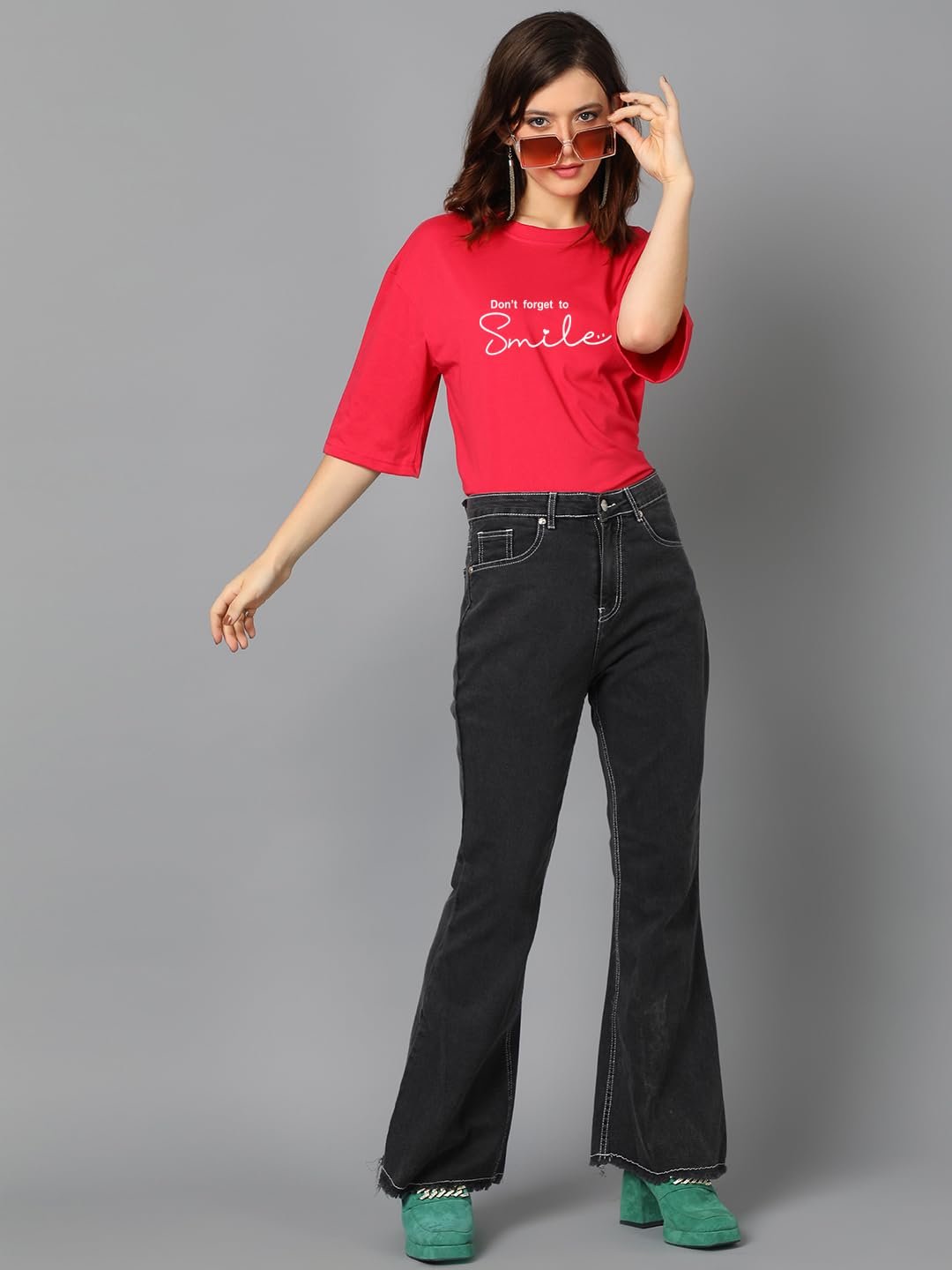 KOTTY Women's Printed, Typography Round Neck Cotton Blend 3/4 Sleeve T-Shirt(Red) - Image 5