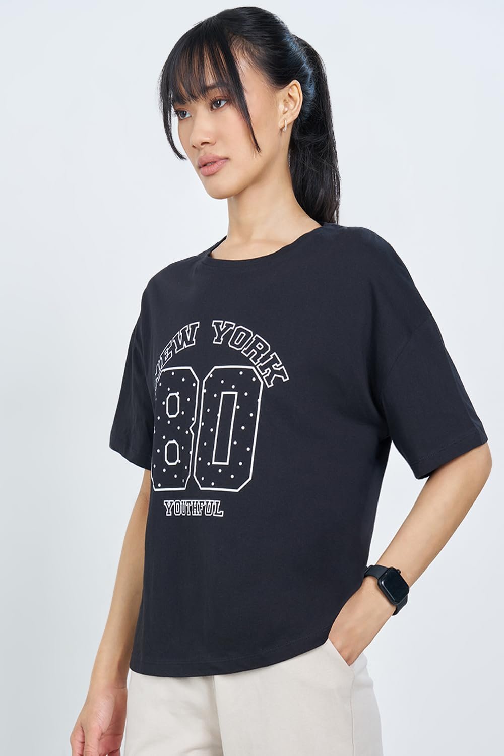 Ajile by Pantaloons Women's 100% Cotton T-Shirt | Oversized Fit | Round Neck | Half Sleeves | Below Waist - Image 3