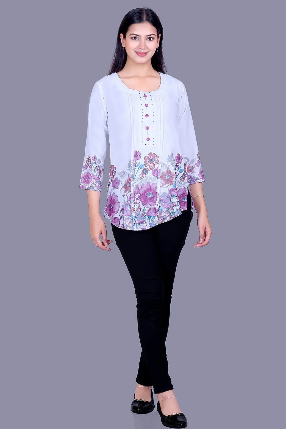 Floral Print Rayon Cotton Tunic Top, White with Blue and Purple, 3/4 Sleeves, Button Detail (in, Alpha, Regular, Purple) - Image 8