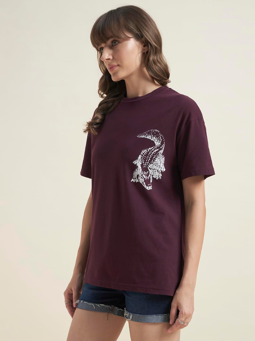 BEATNIK Oversized Jersey Animal Print Round Neck Casual Women Wine T-Shirt - Image 5