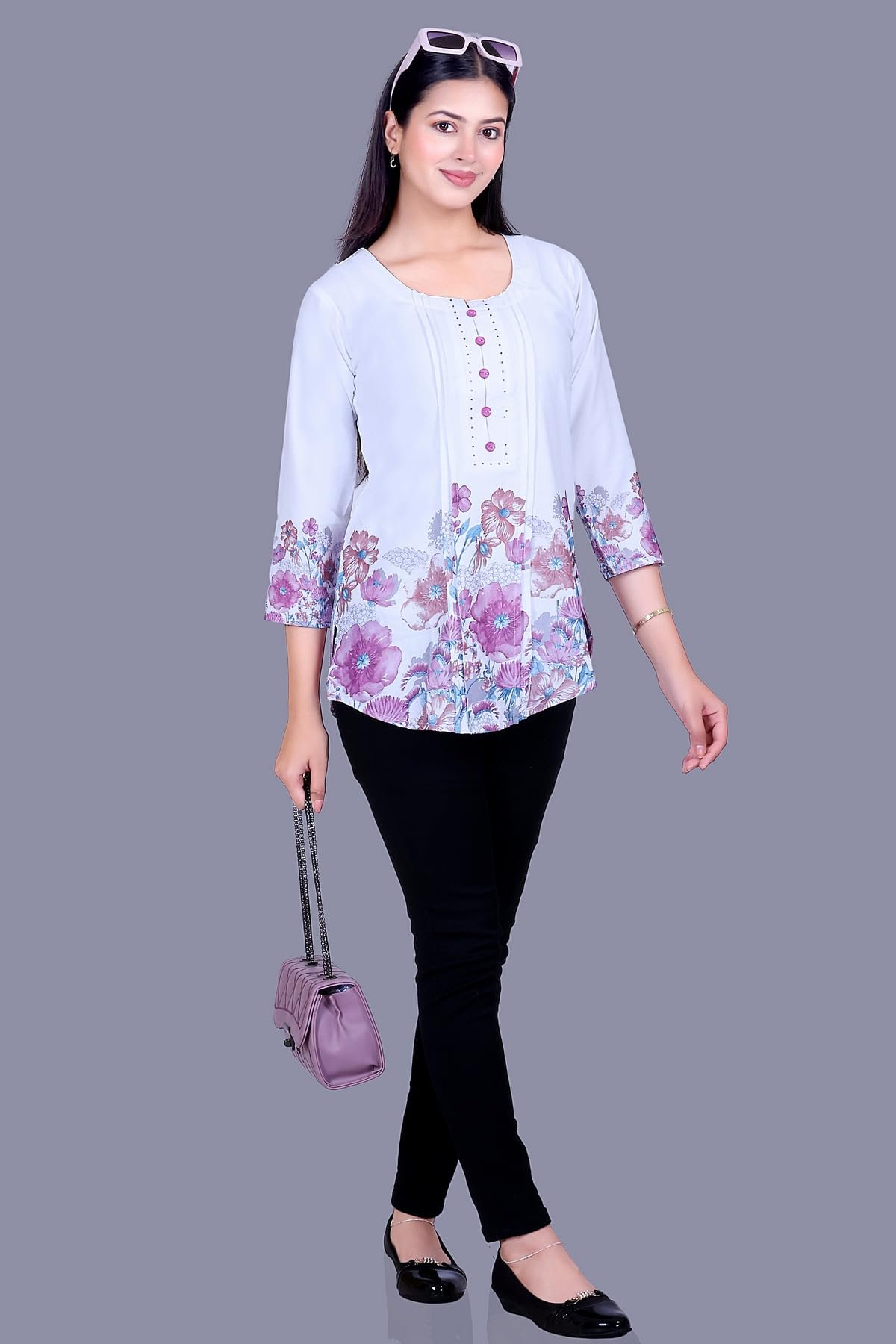 Floral Print Rayon Cotton Tunic Top, White with Blue and Purple, 3/4 Sleeves, Button Detail (in, Alpha, Regular, Purple) - Image 6