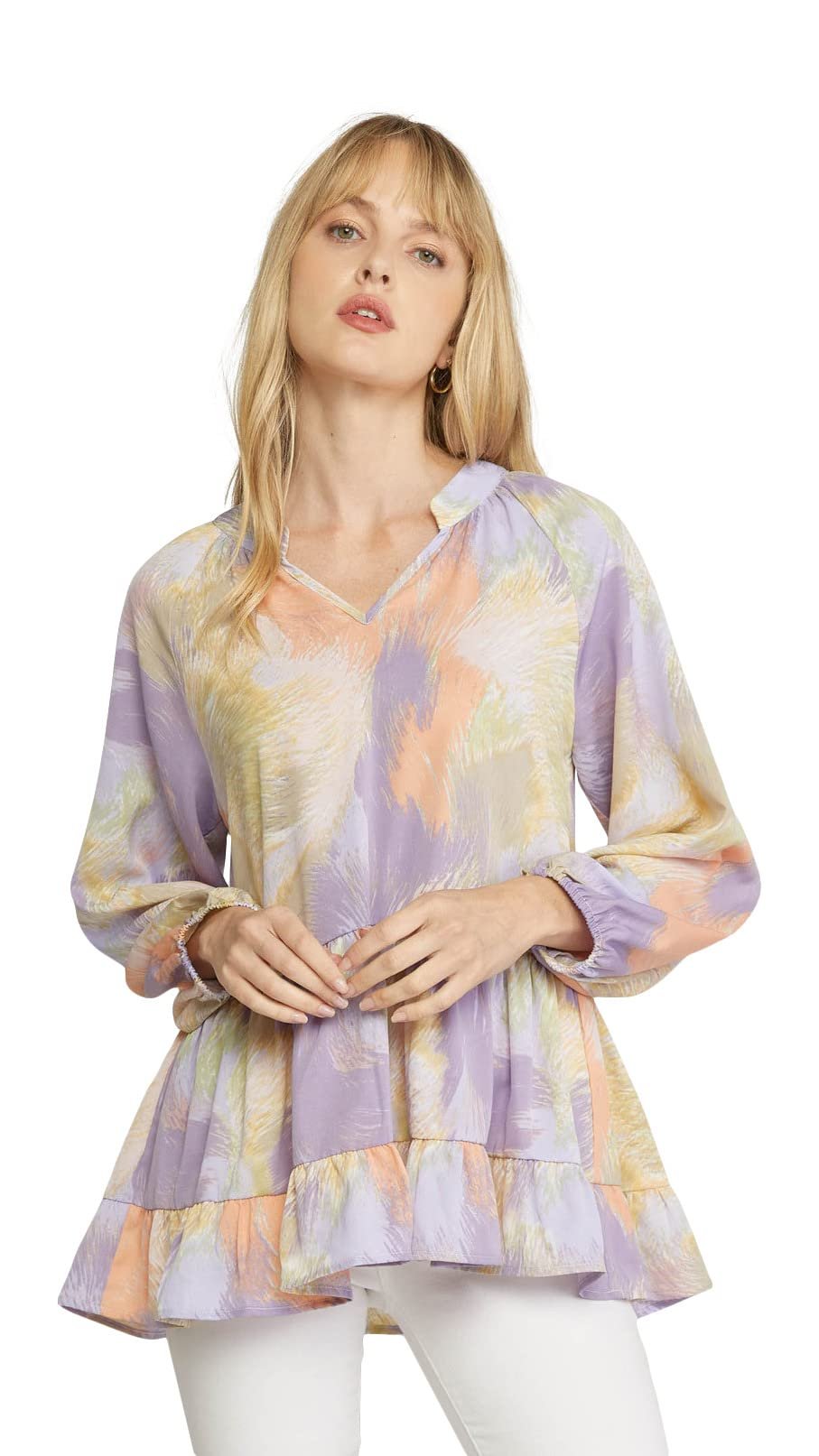Women's Tiered V-Neck Long Sleeve Tunic Top, Lavender Blue, Small