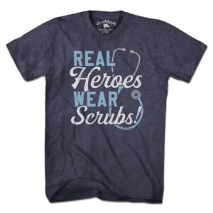 Chowdaheadz Real Heroes Wear Scrubs T-Shirt - Unisex Vintage Tee Soft Cotton Blend, Heather Blue, 3X-Large