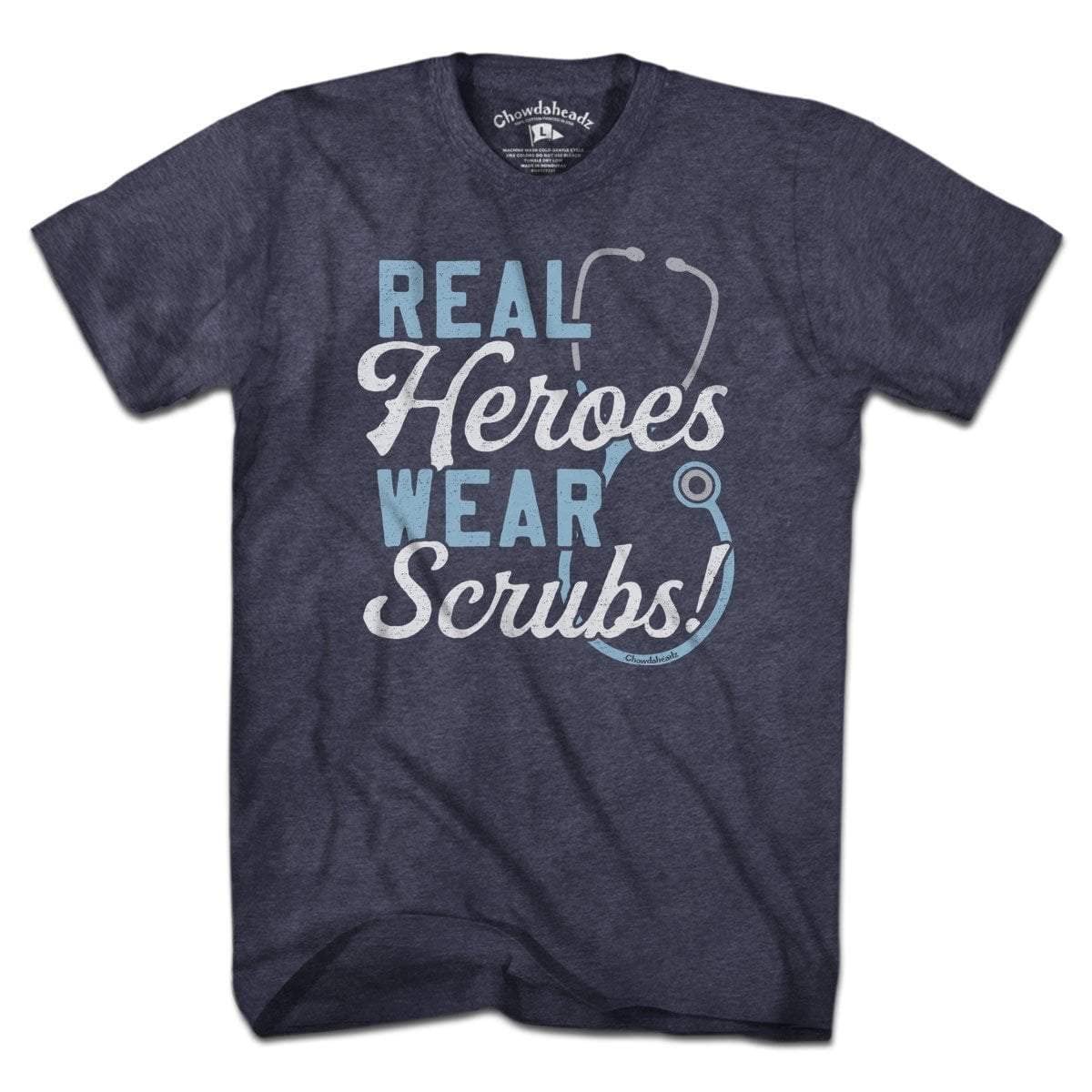 Chowdaheadz Real Heroes Wear Scrubs T-Shirt - Unisex Vintage Tee Soft Cotton Blend, Heather Blue, 3X-Large
