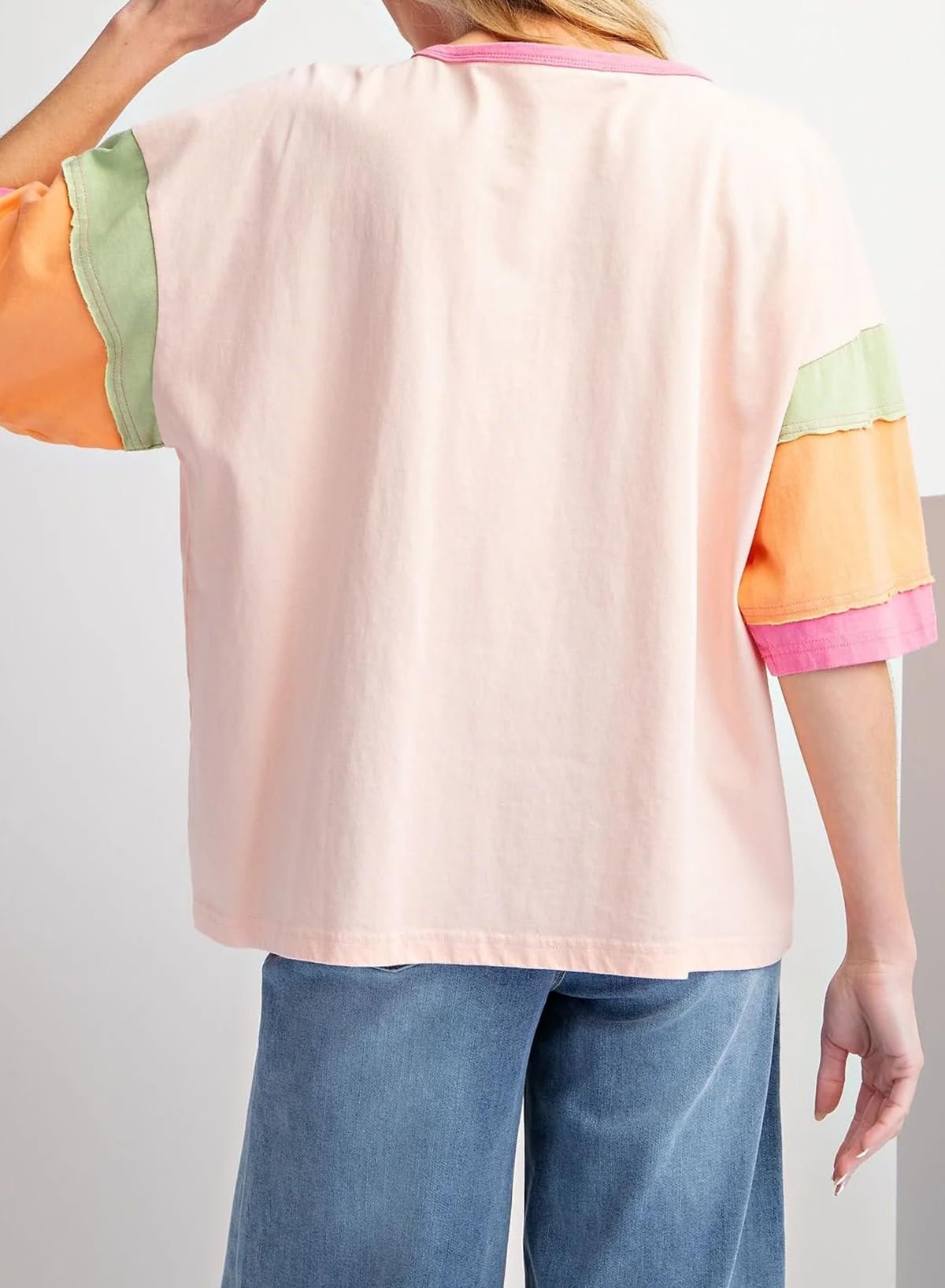 Chvity Womens Colorblock T-Shirt Crewneck Short Sleeve Pullover Spring Summer Casual Patchwork Tops Tees, Pink, Medium - Image 5