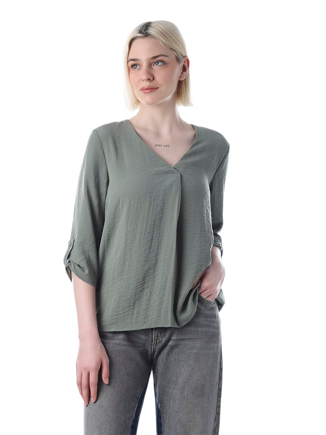 Women's Solid Loose Fit Green Top - Image 3