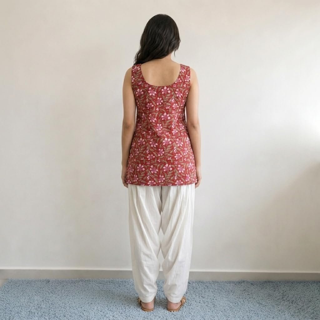 Women's Cotton Blend Short Kurti Tunic Top | Sleeveless Floral Print Ethnic Top for Women | Casual Kurti to Pair with Jeans, Trousers & Palazzos (in, Alpha) Blue - Image 4