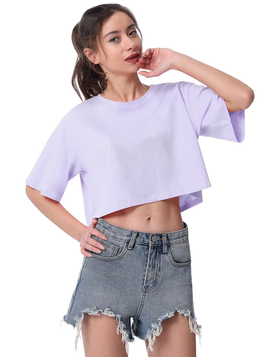 Cosy Pyro 4-Pack Women's Cotton Crop T-Shirts Short Sleeve Solid Cropped, 4-pack Black/Gray/White/Purple, X-Large - Image 2