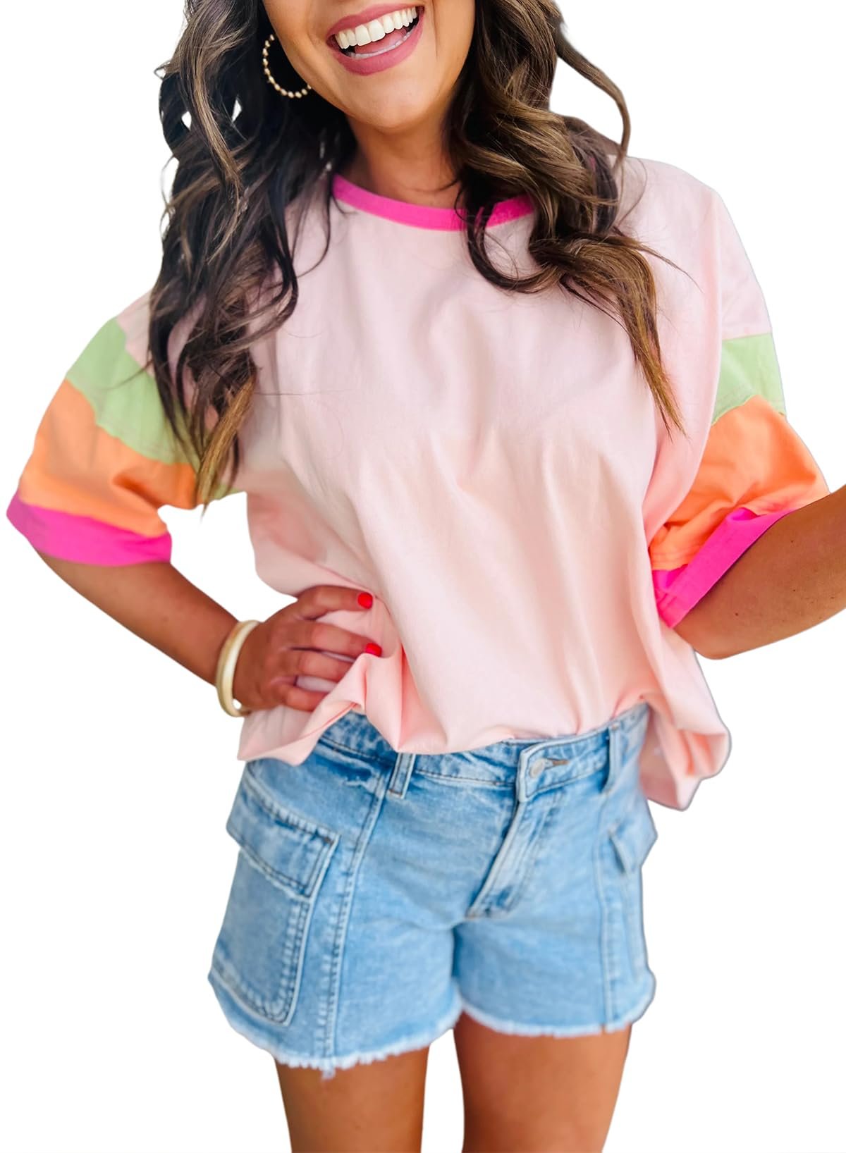 Chvity Womens Colorblock T-Shirt Crewneck Short Sleeve Pullover Spring Summer Casual Patchwork Tops Tees, Pink, Medium