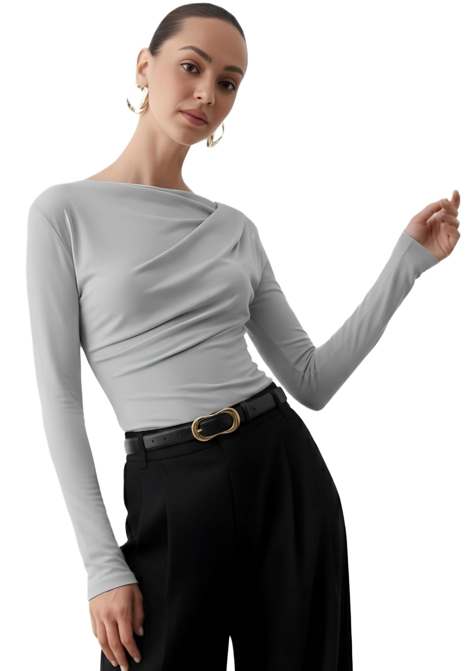 SOFTLINE Asymmetric Boat Neck FRONTFLOW Gathered Waterfall Afford LUX Edition Formal WEAR Long Sleeve Feather Touch TOP for Women (in, Alpha, Regular, Light Grey SOFTLINE) - Image 2