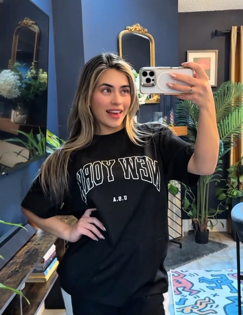 Oversized Tshirts for Women Summer Graphic Short Sleeve Crew Neck Tee Shirt, Black New York, 3X-Large - Image 2