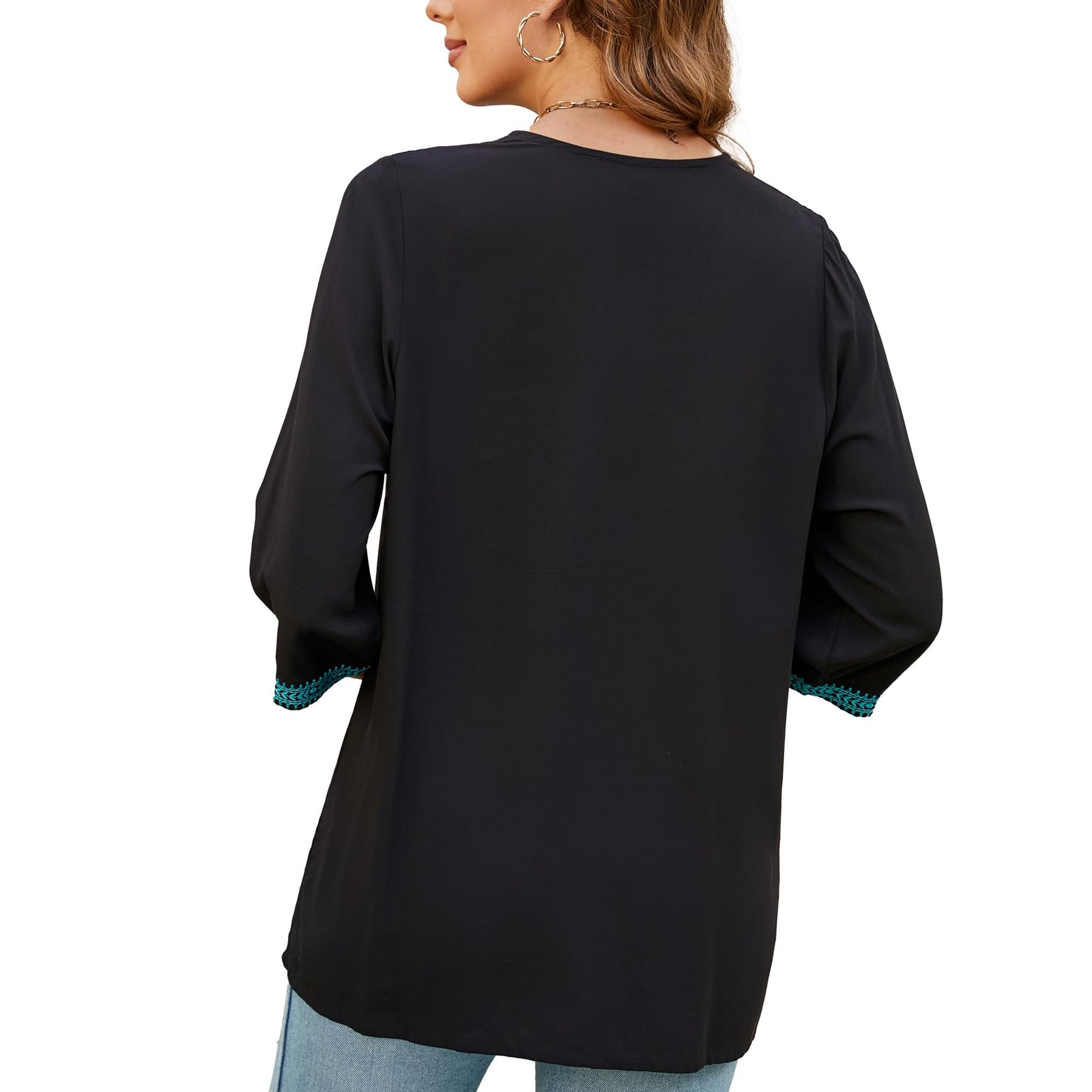 Traditional Mexican Embroidered Peasant Tops for Women, Plus Size Vintage Floral Tunic Shirts, Flowers Embroidery Blouses, Black, Large - Image 5