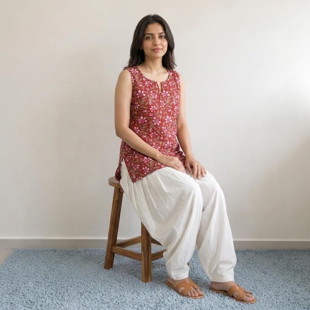 Women's Cotton Blend Short Kurti Tunic Top | Sleeveless Floral Print Ethnic Top for Women | Casual Kurti to Pair with Jeans, Trousers & Palazzos (in, Alpha) Blue - Image 2