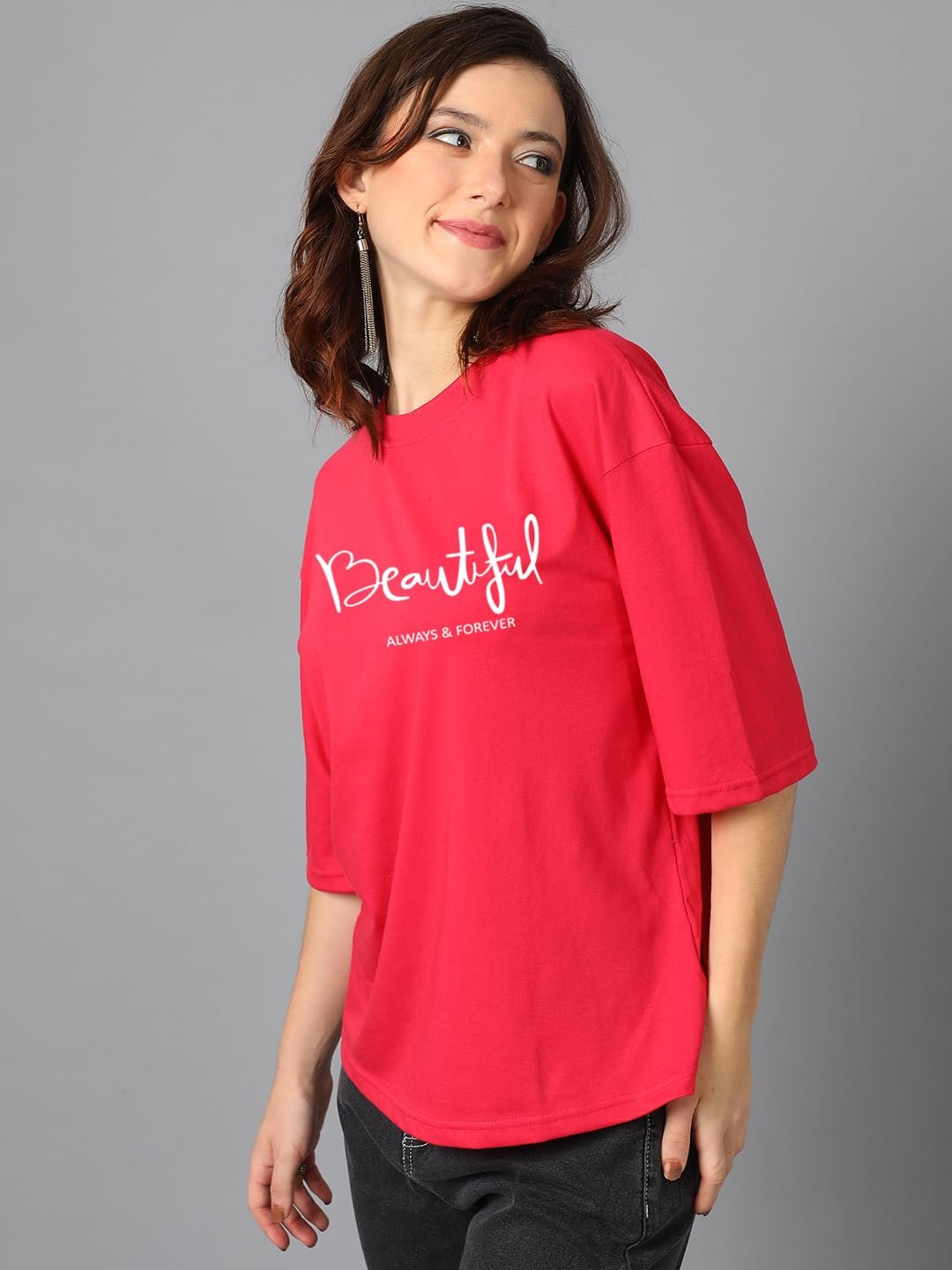 KOTTY Women's Printed, Typography Round Neck Cotton Blend 3/4 Sleeve T-Shirt(Red) - Image 3