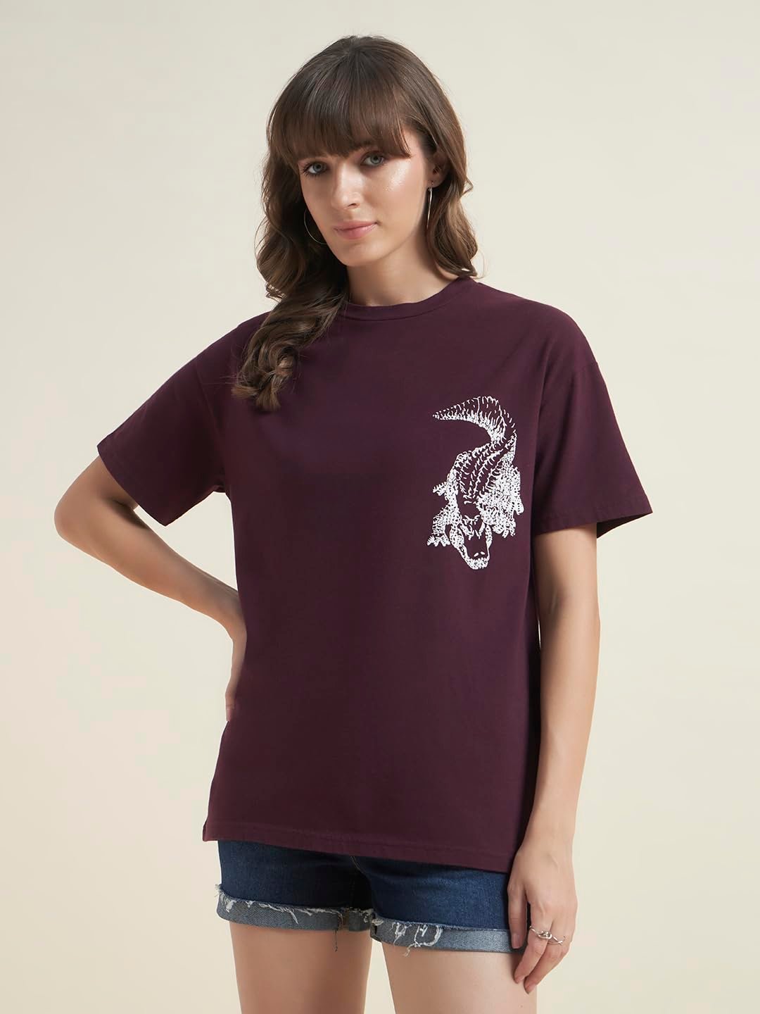 BEATNIK Oversized Jersey Animal Print Round Neck Casual Women Wine T-Shirt - Image 4