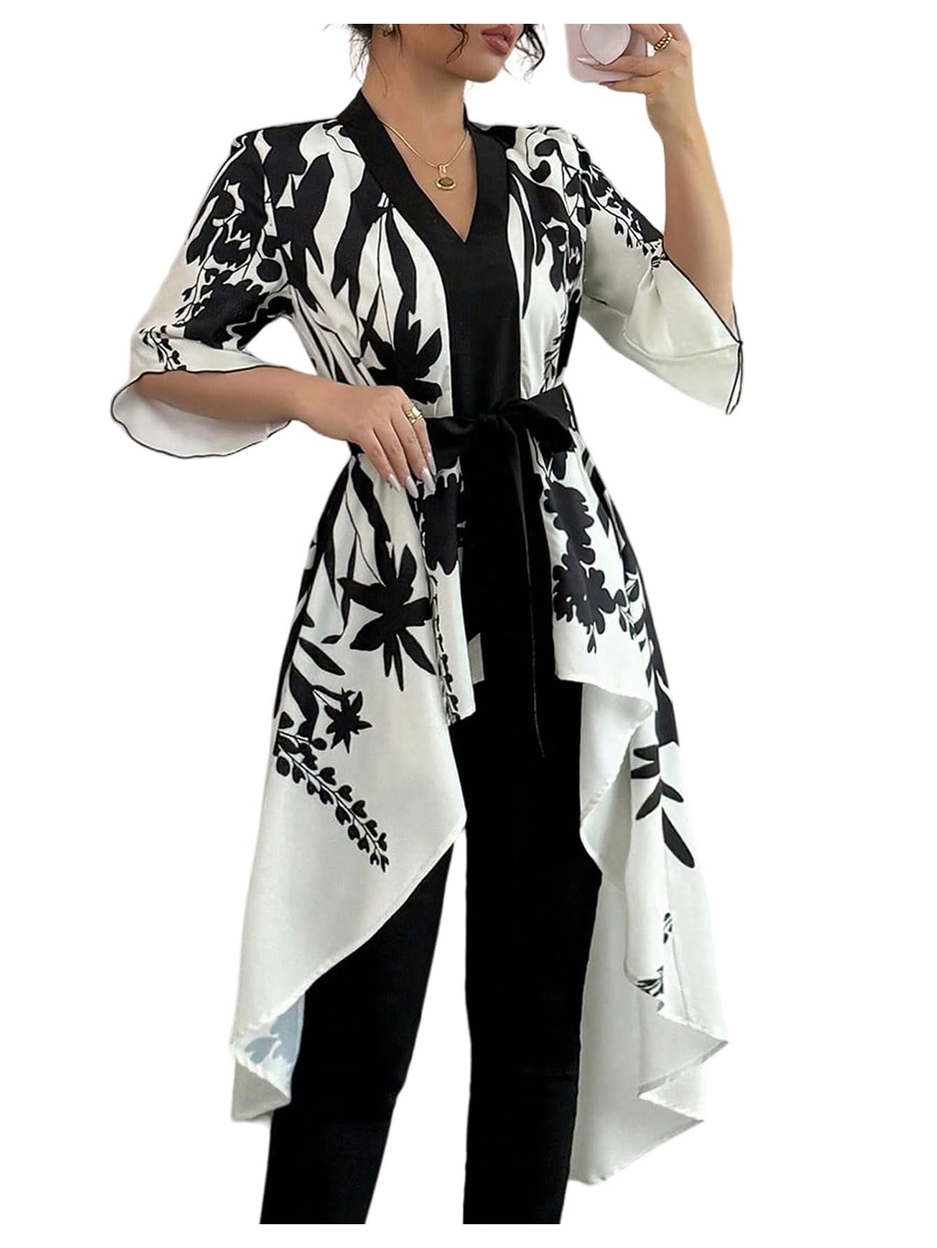 Women's Floral Bell Sleeve Blouse V Neck High Low Tie Front Work Dressy Tops, Multicolor Short Sleeve, Medium