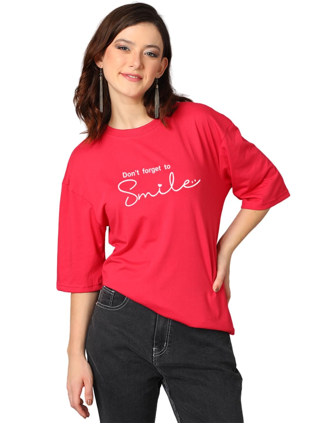 KOTTY Women's Printed, Typography Round Neck Cotton Blend 3/4 Sleeve T-Shirt(Red)