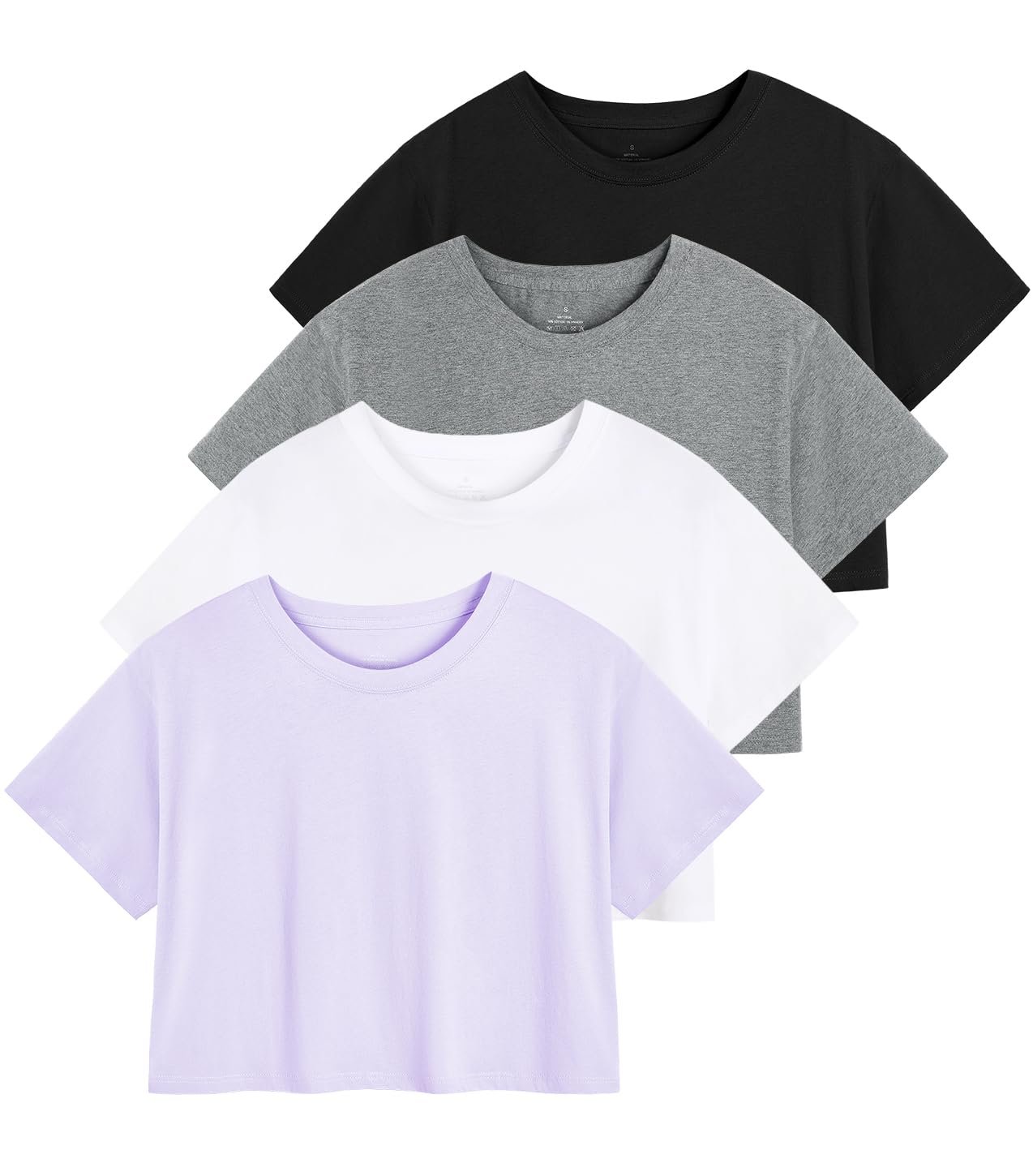 Cosy Pyro 4-Pack Women's Cotton Crop T-Shirts Short Sleeve Solid Cropped, 4-pack Black/Gray/White/Purple, X-Large