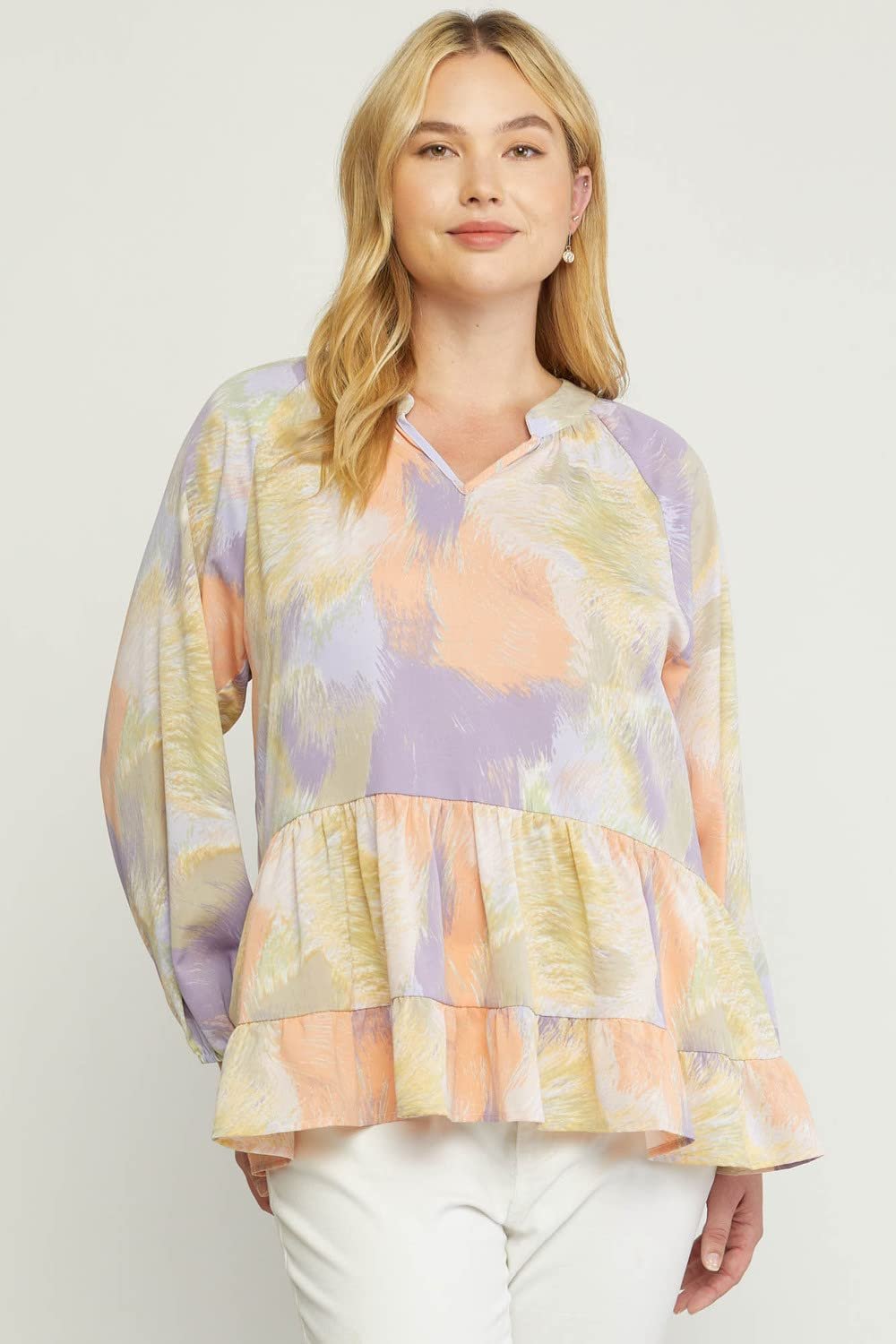 Women's Tiered V-Neck Long Sleeve Tunic Top, Lavender Blue, Small - Image 2