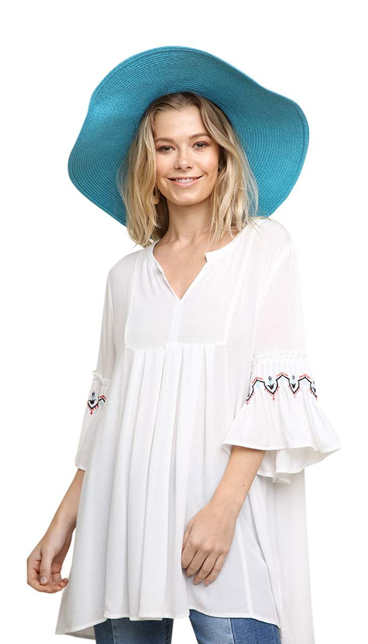 Women's Embroidered Bell Sleeve Pleated Tunic Top (Medium, Off White) - Image 2