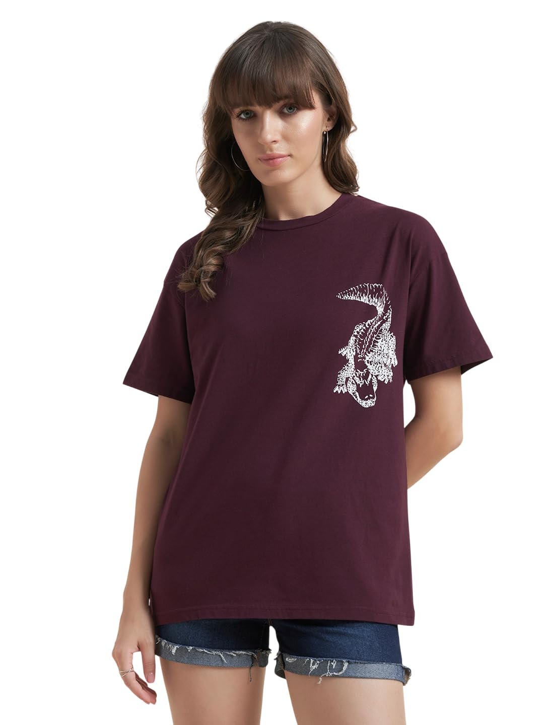 BEATNIK Oversized Jersey Animal Print Round Neck Casual Women Wine T-Shirt