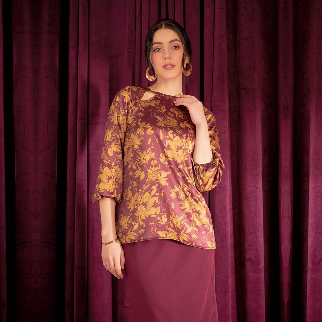 Layla 3/4th Sleeve Mustard & Burgundy Women Top - Image 6