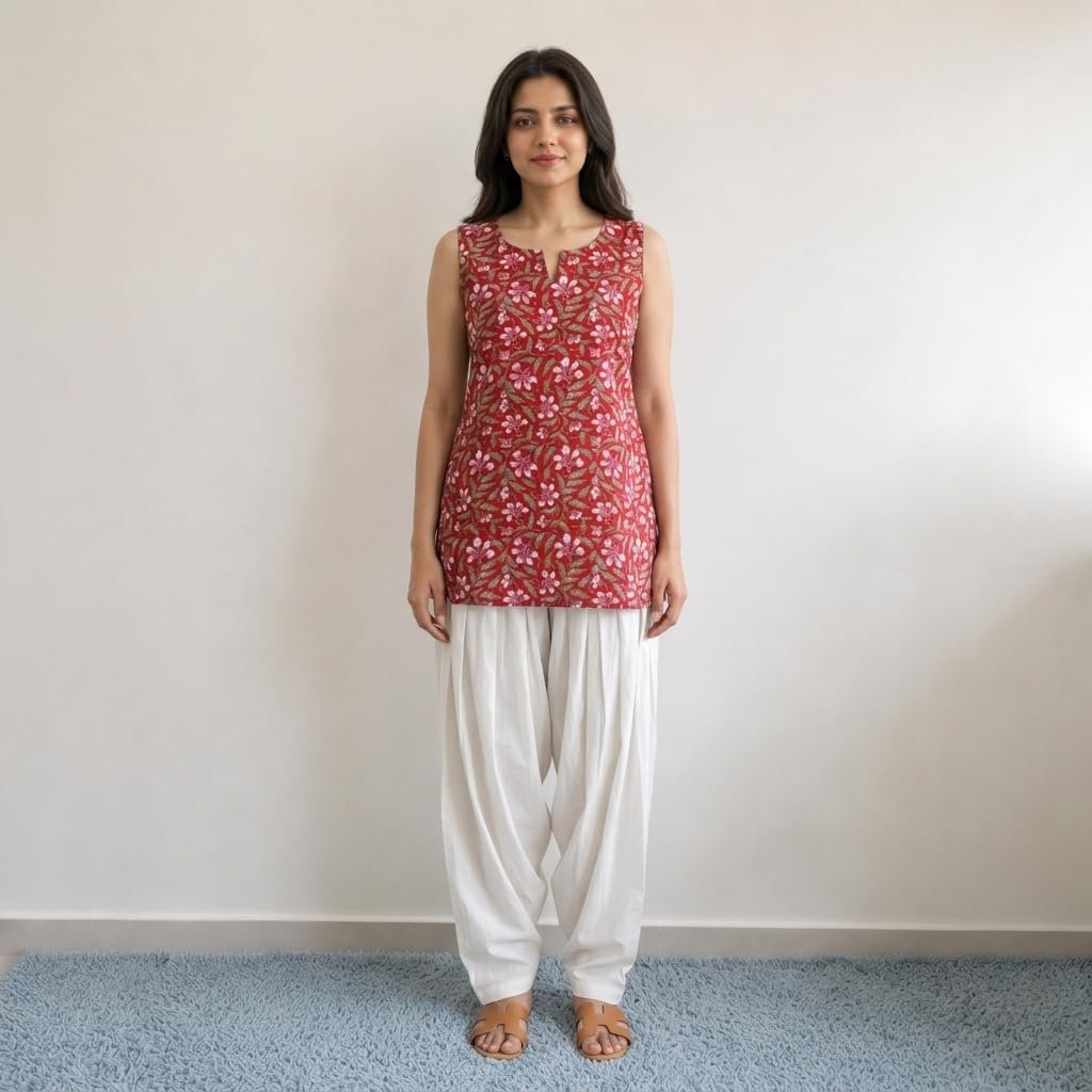 Women's Cotton Blend Short Kurti Tunic Top | Sleeveless Floral Print Ethnic Top for Women | Casual Kurti to Pair with Jeans, Trousers & Palazzos (in, Alpha) Blue - Image 5