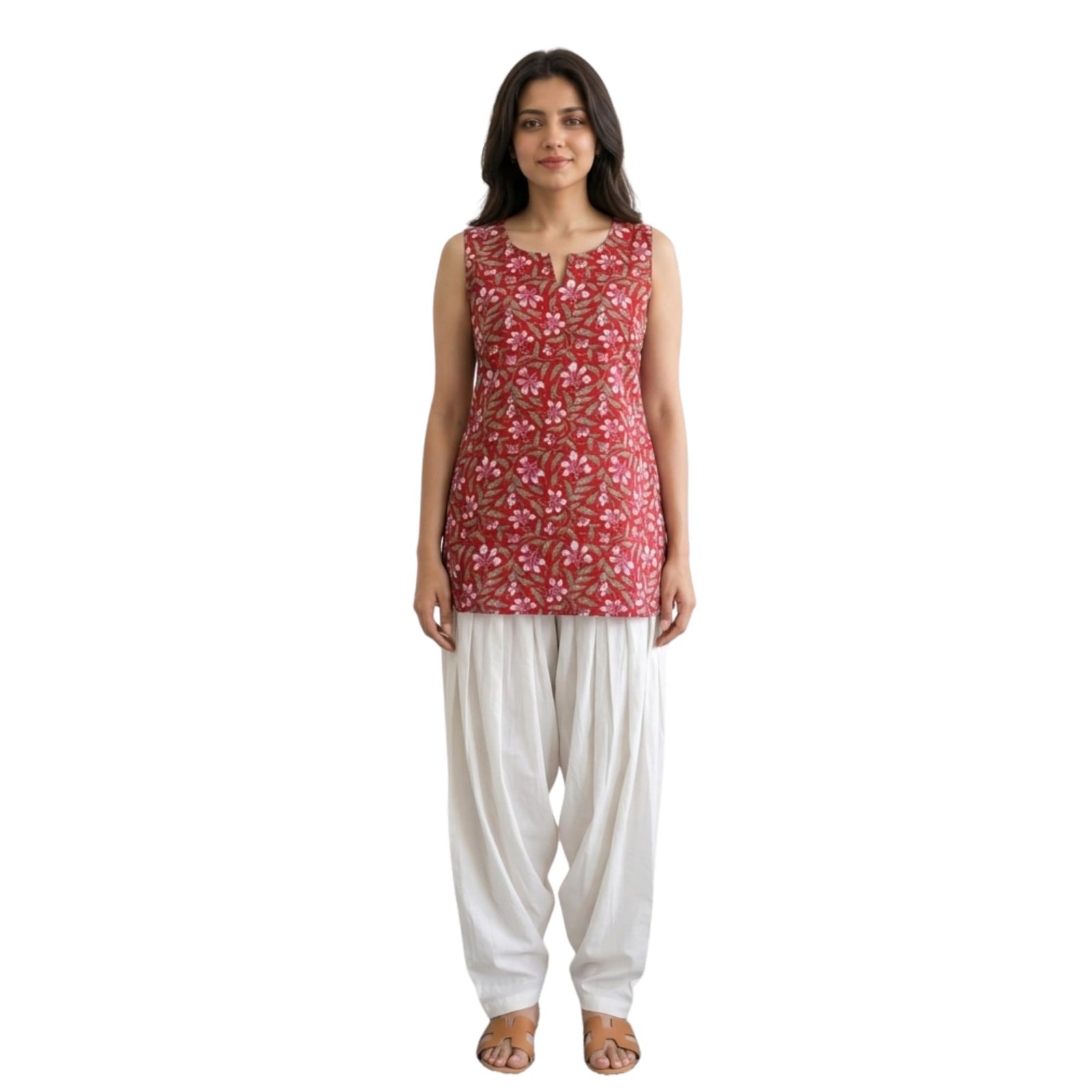 Women's Cotton Blend Short Kurti Tunic Top | Sleeveless Floral Print Ethnic Top for Women | Casual Kurti to Pair with Jeans, Trousers & Palazzos (in, Alpha) Blue