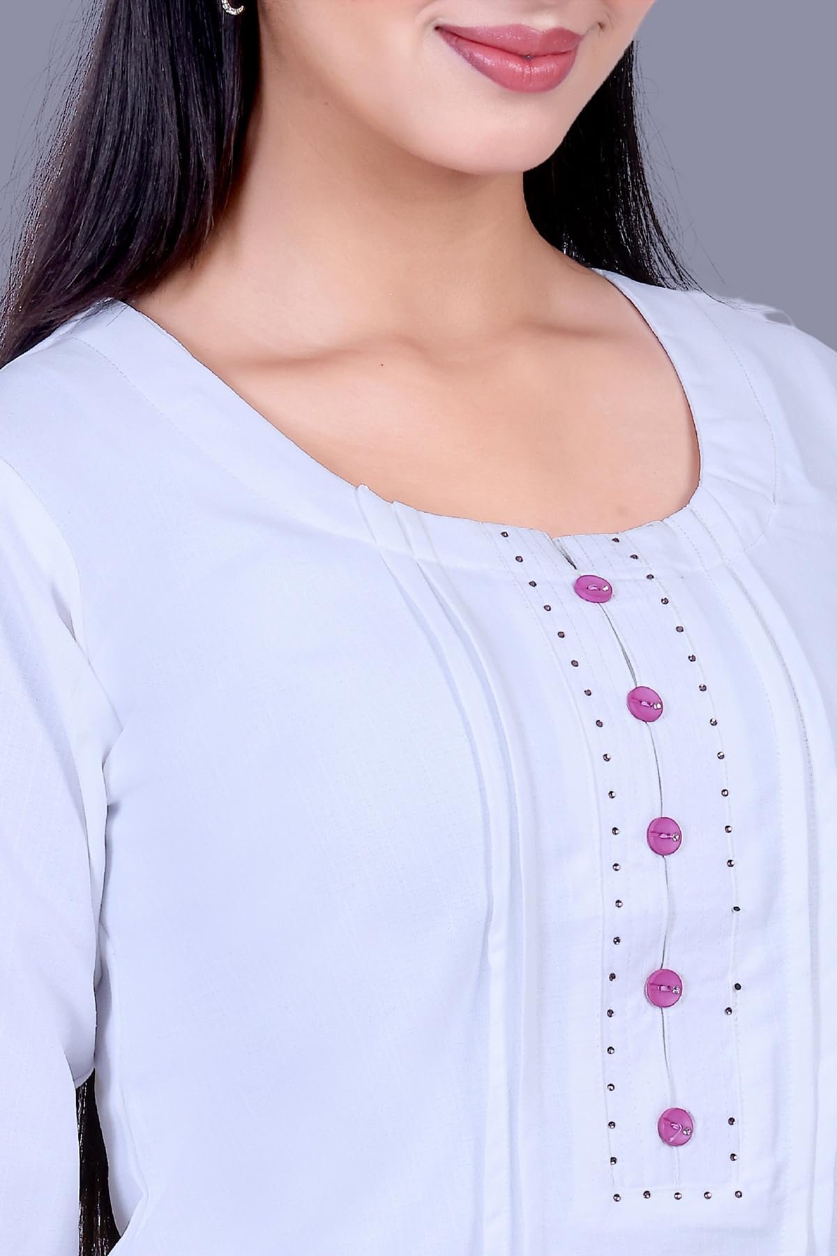 Floral Print Rayon Cotton Tunic Top, White with Blue and Purple, 3/4 Sleeves, Button Detail (in, Alpha, Regular, Purple) - Image 5
