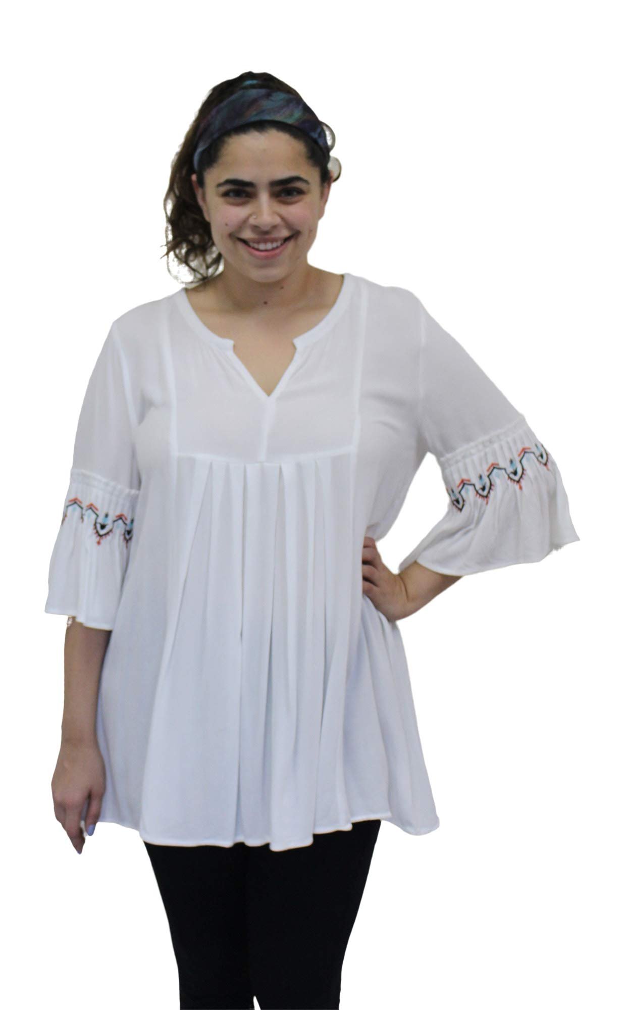 Women's Embroidered Bell Sleeve Pleated Tunic Top (Medium, Off White)