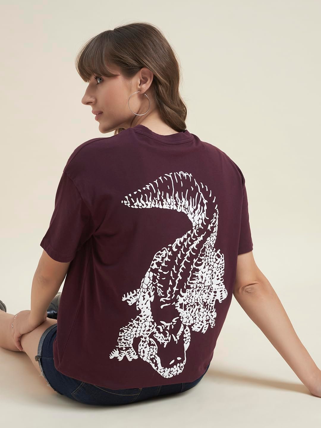 BEATNIK Oversized Jersey Animal Print Round Neck Casual Women Wine T-Shirt - Image 3
