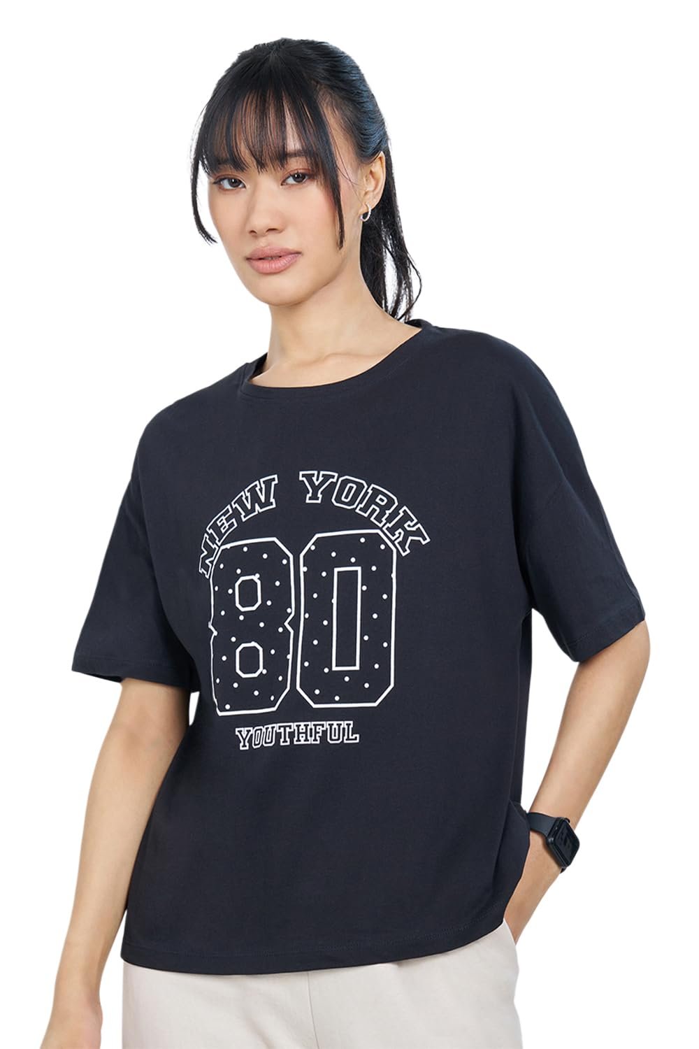 Ajile by Pantaloons Women's 100% Cotton T-Shirt | Oversized Fit | Round Neck | Half Sleeves | Below Waist