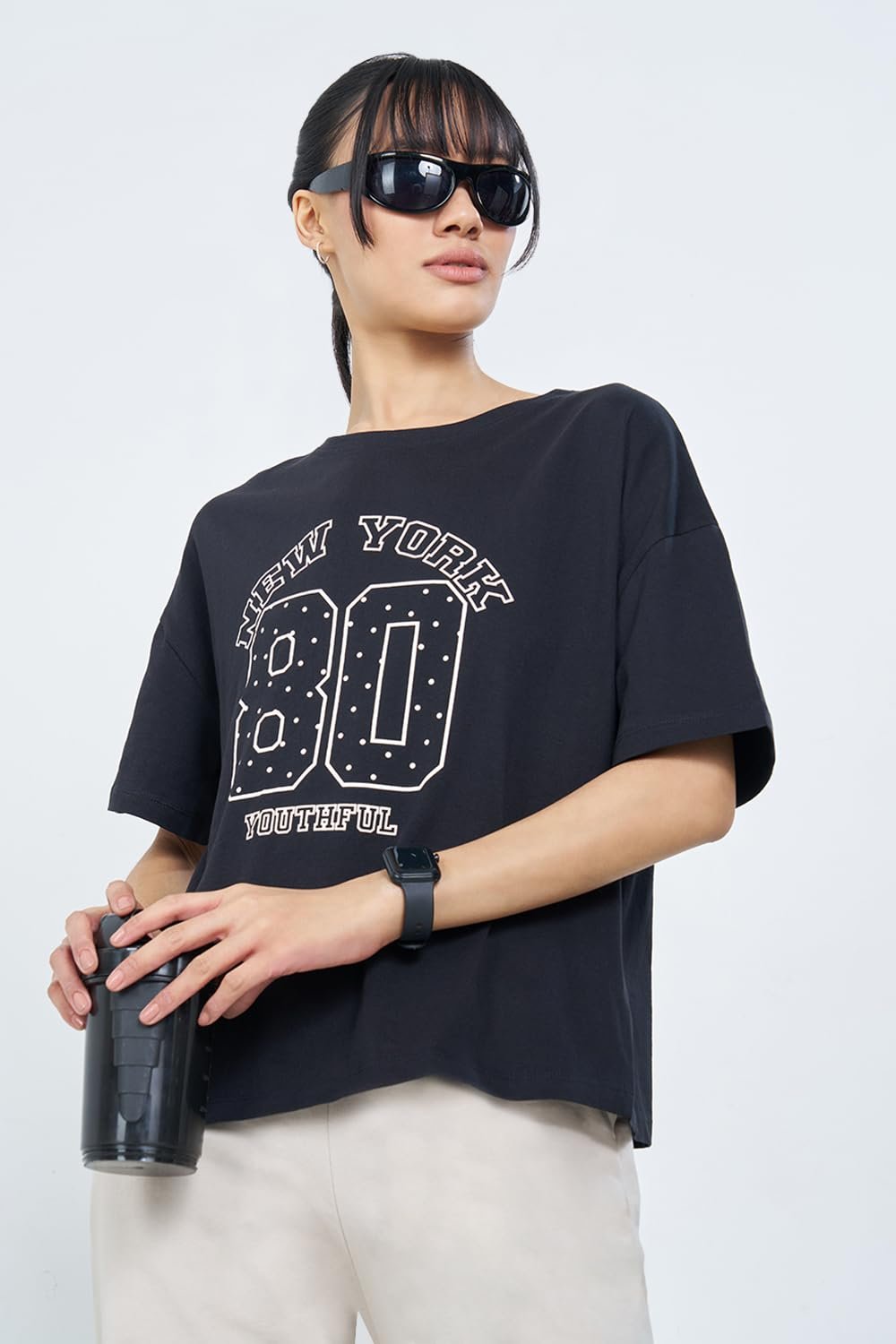 Ajile by Pantaloons Women's 100% Cotton T-Shirt | Oversized Fit | Round Neck | Half Sleeves | Below Waist - Image 5
