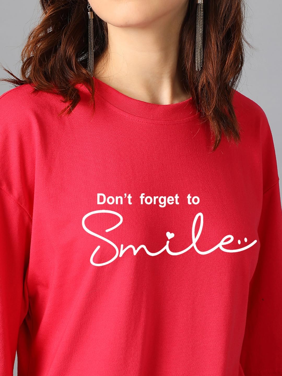 KOTTY Women's Printed, Typography Round Neck Cotton Blend 3/4 Sleeve T-Shirt(Red) - Image 2