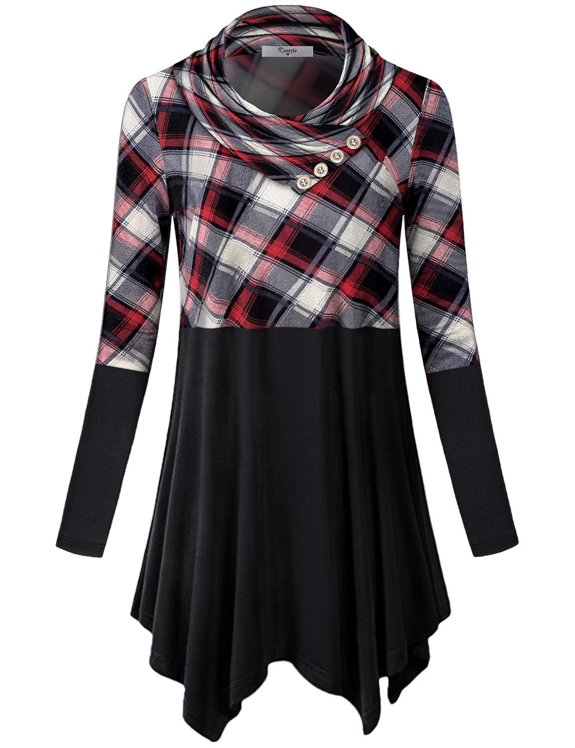 Cowl Neck Plaid Tunic Tops for Women Asymmetrical Long Blouse, A Plaid, Large