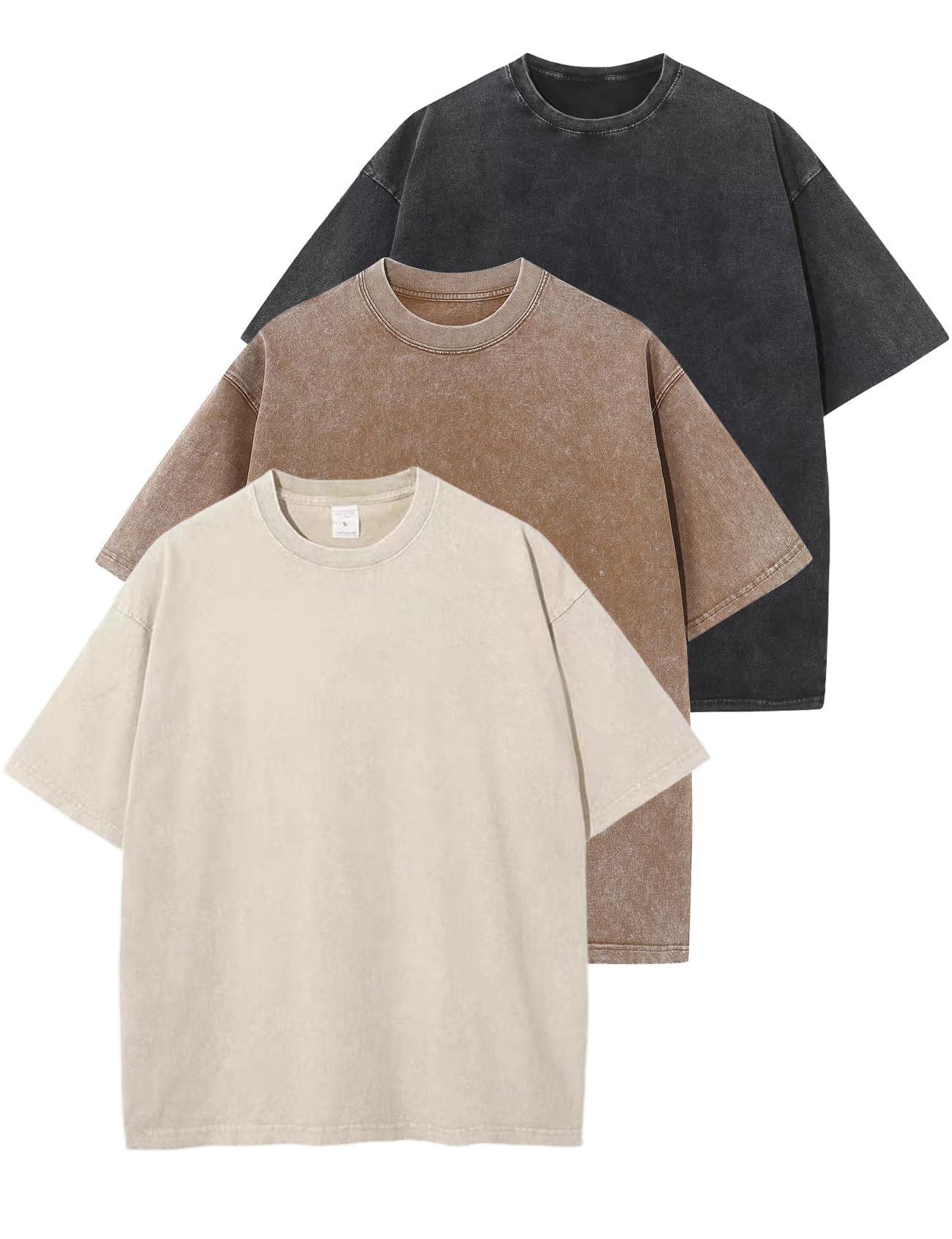 Yimoon 3 Pack Oversized Tshirts for Women Washed Vintage Baggy Boyfriend Tees Short Sleeve Unisex Cotton Tops, Blackkhakibeige