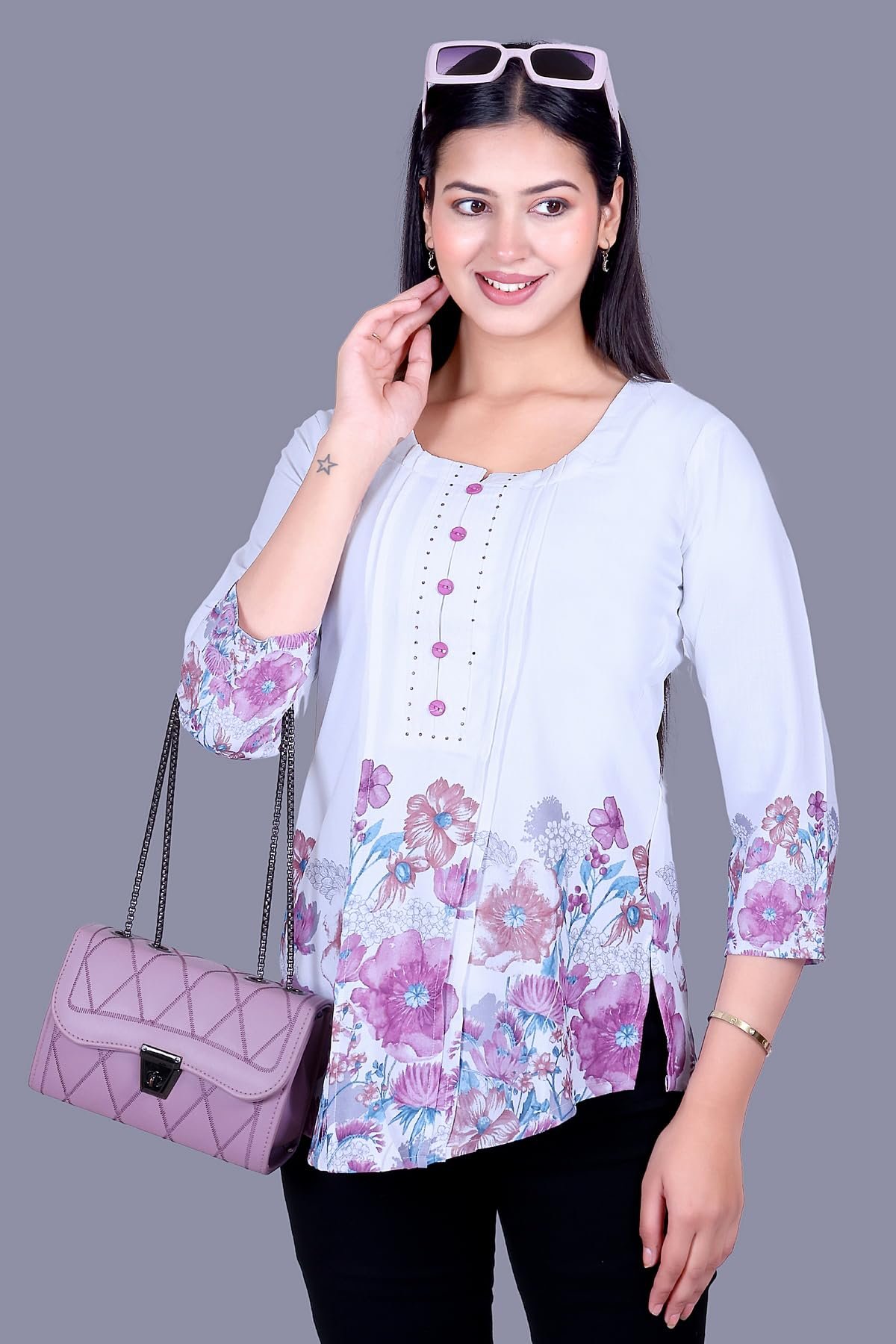 Floral Print Rayon Cotton Tunic Top, White with Blue and Purple, 3/4 Sleeves, Button Detail (in, Alpha, Regular, Purple) - Image 7