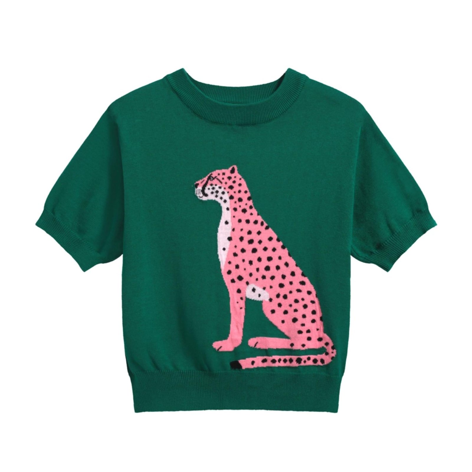 OXKNIT Women's Green Knitted T-Shirt, Retro Animal Pattern Crewneck Cotton Short Sleeve- Cropped Length, Green, X-Large