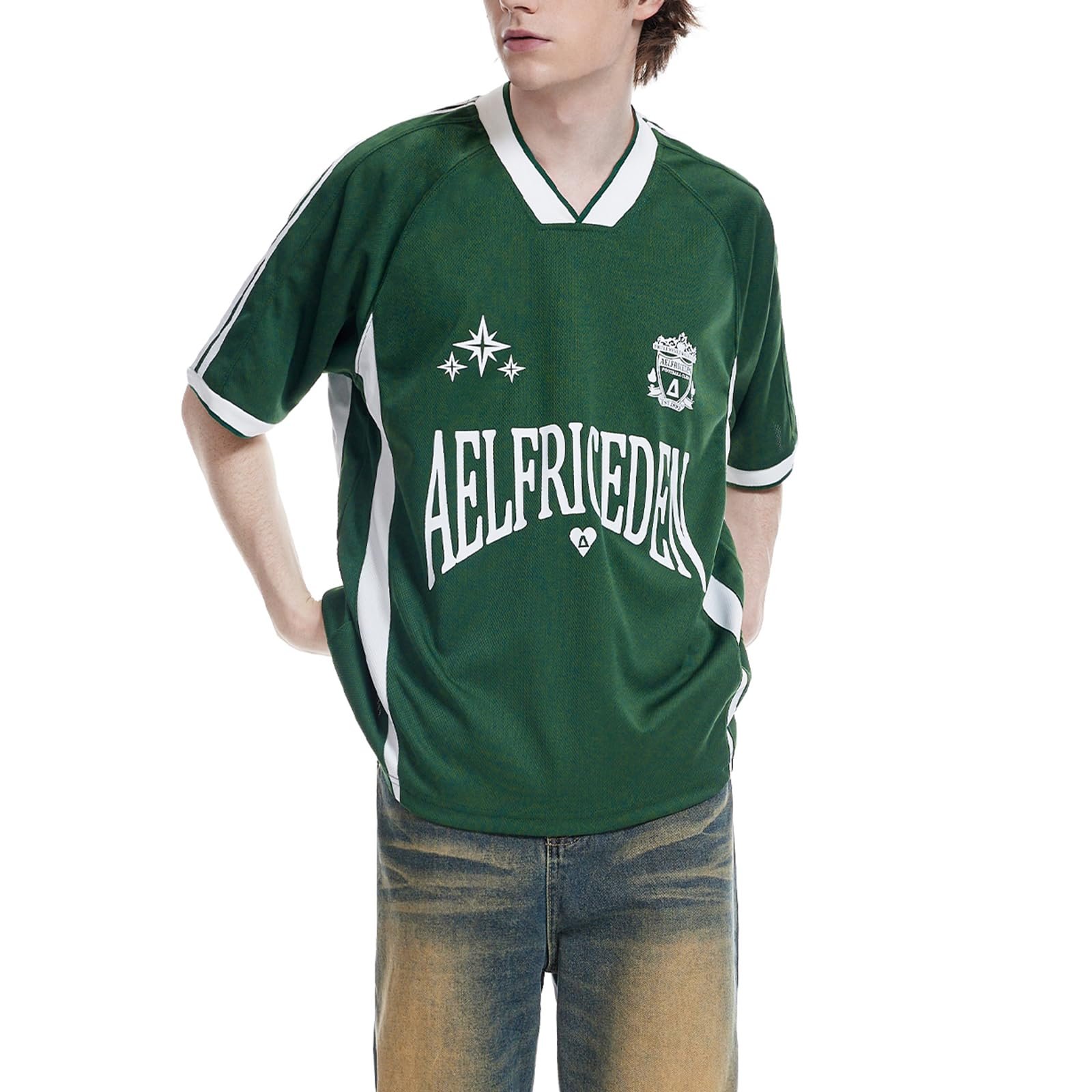 Aelfric Eden Jersey Shirts Women Oversized Mesh V Neck Graphic Tees Y2k Color Block Short Sleeve T Shirt Tops, Green, Medium - Image 9