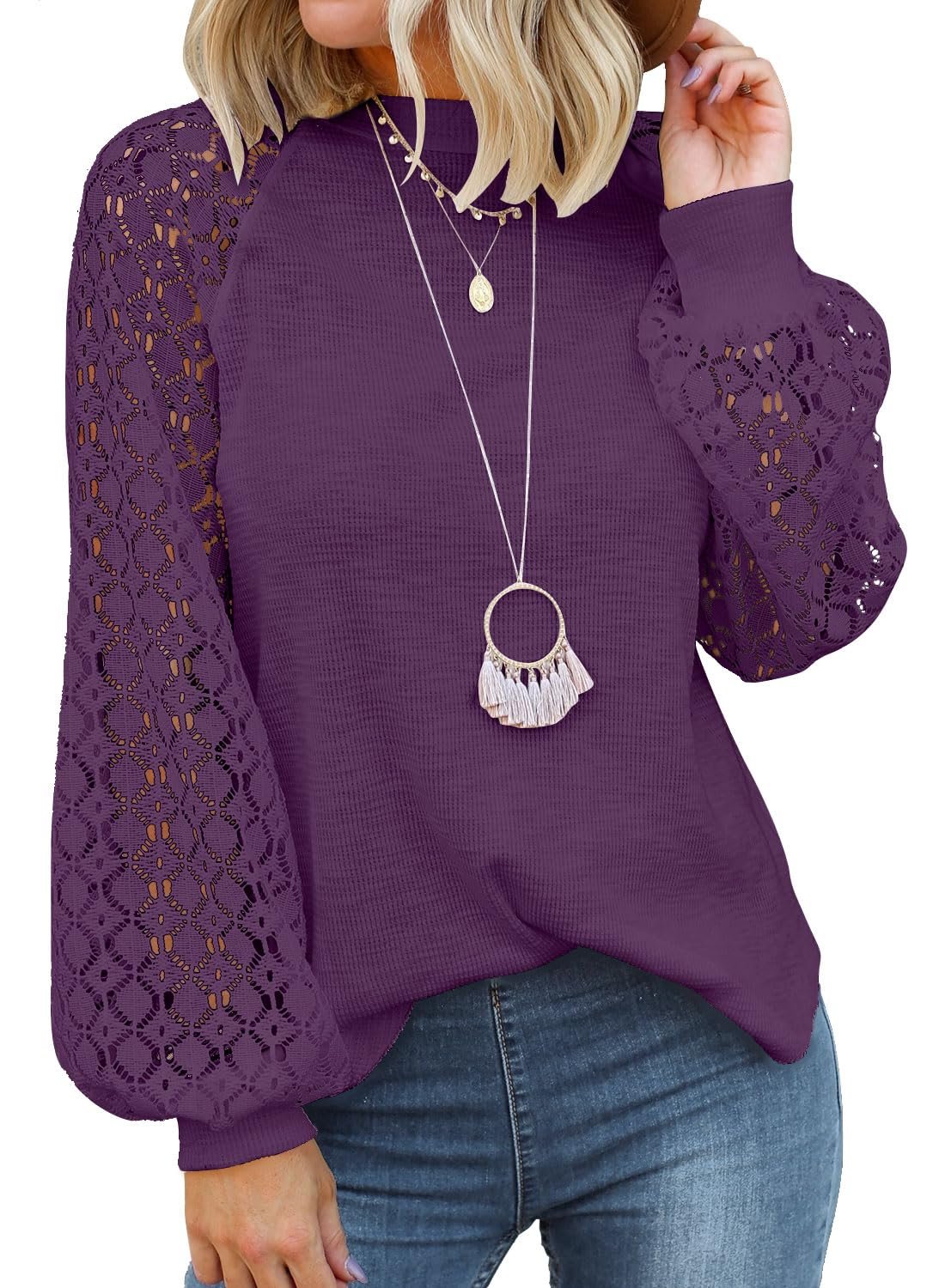 Women's Long Sleeve Tops Lace Casual Loose Blouses T Shirts, Purple, Medium