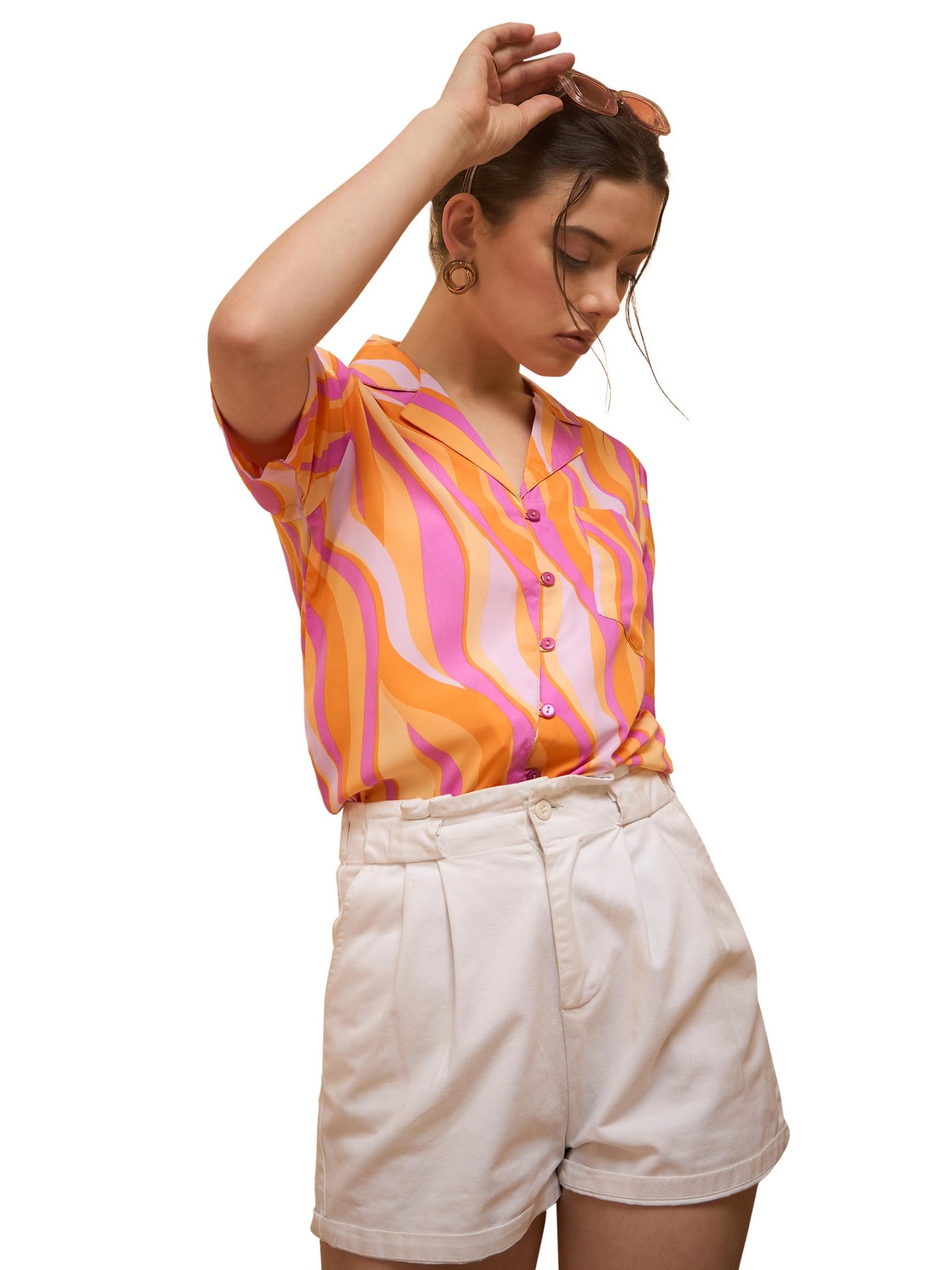 Women Casual Multi Colour Shirt Collar Abstract Regular Top (EP8116C_Multi)