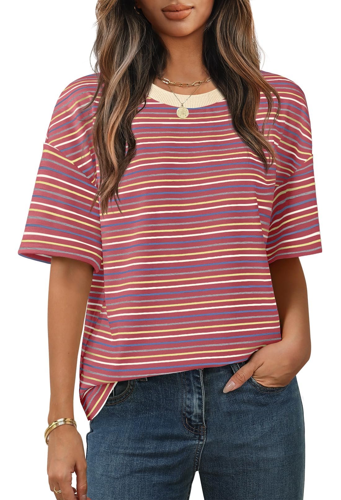 MEROKEETY Womens Summer Short Sleeve Casual Colourful Striped Tops, Wine, XX-Large