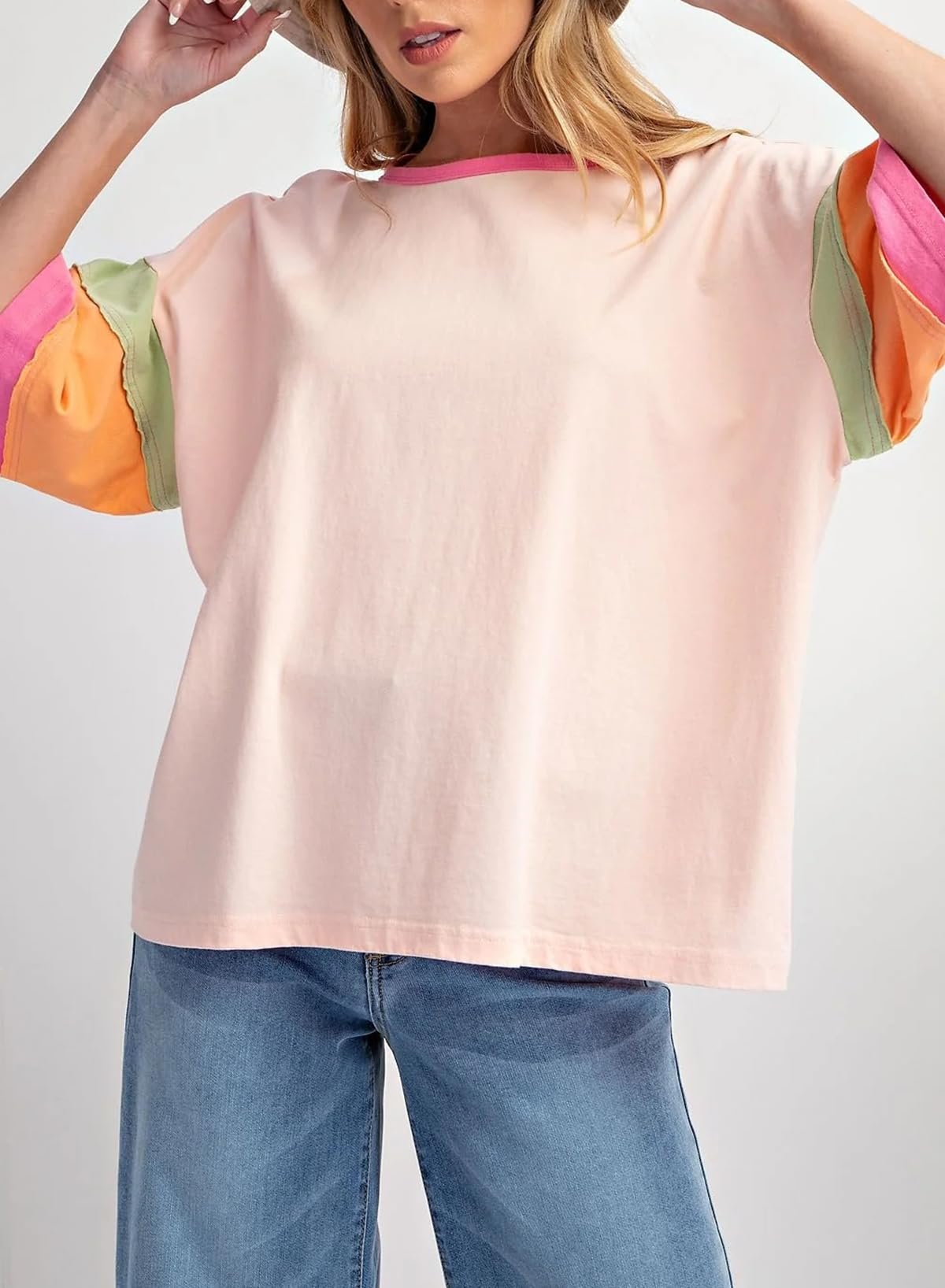 Chvity Womens Colorblock T-Shirt Crewneck Short Sleeve Pullover Spring Summer Casual Patchwork Tops Tees, Pink, Medium - Image 6